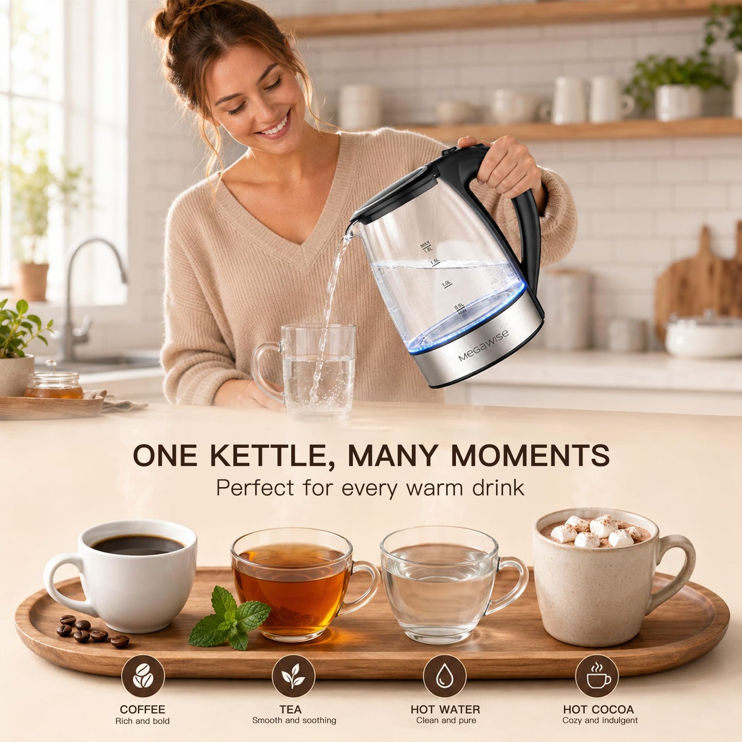 MEGAWISE Electric Kettle, No Plastic Contact with Water, Auto Shut-Off, Fast Boil, 1.8L Electric Glass Kettle, Hot Water Boiler, Tea Kettle, Borosilicate Glass, Black, 1000W
