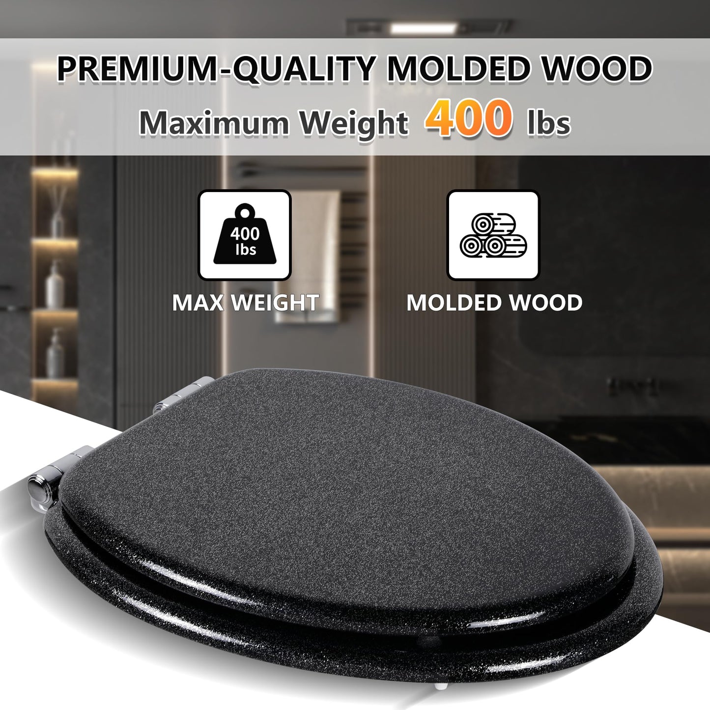 Angol Shiold Glitter Toilet Seat Molded Wood Elongated Toilet Seat with Quietly Close and Quick Release Hinges, Easy to Install also Easy to Clean (Elongated 18.5'', Black)