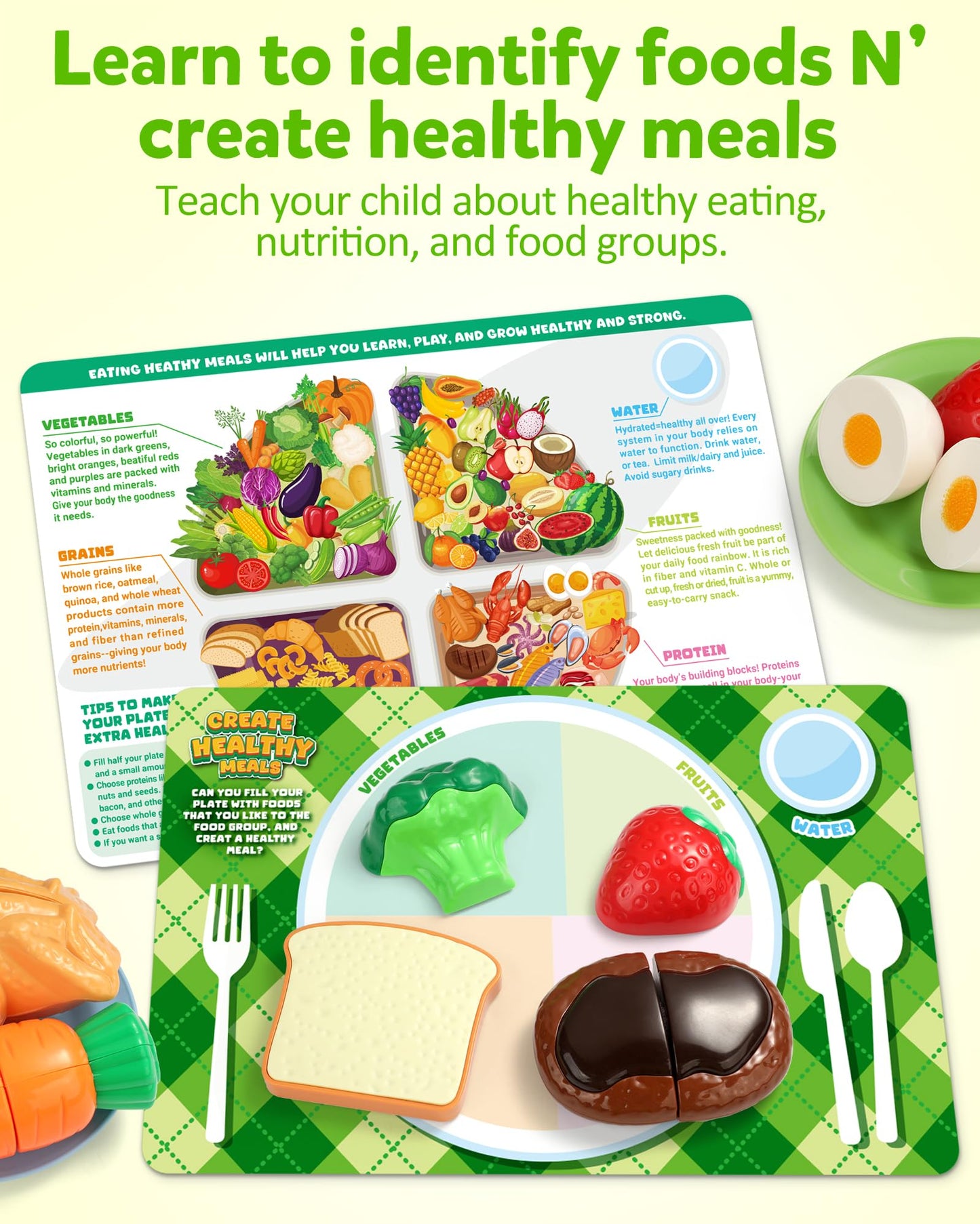 Coogam Pretend Play Food Set for Kids, Fake Fruits Meats Vegetables Balanced Meal Mixing and Cutting Toy, Play Kitchen Accessories with Shopping List, Educational Toy for 3 4 5 Years Old Kids