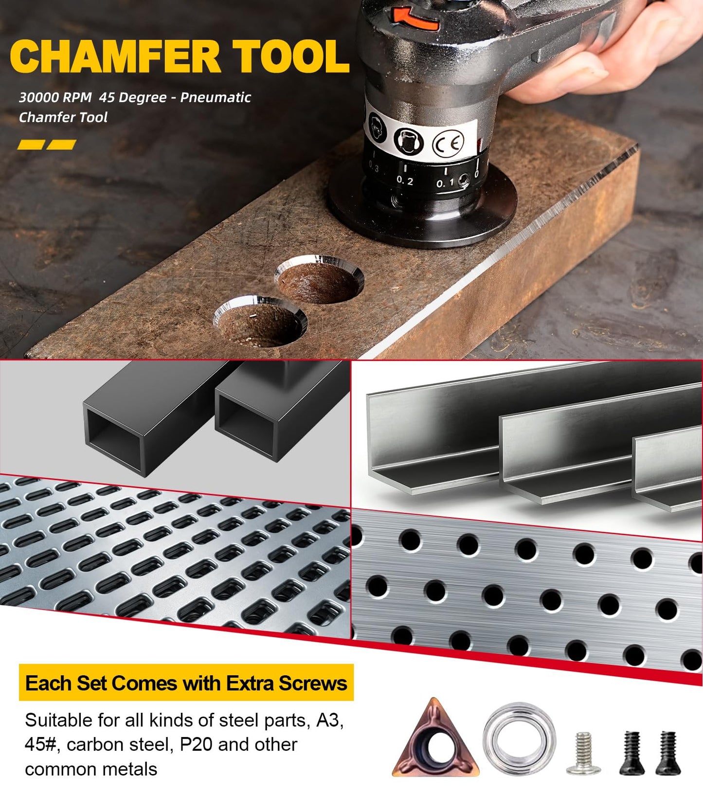 SI FANG Air Chamfer Tool for Metal Deburring Chamfering, Portable Handheld Pneumatic Mini Beveler, C0.1-2 Angle Quick Beveling & Trimming, with Replace Carbide Blades Inserts and Bearings