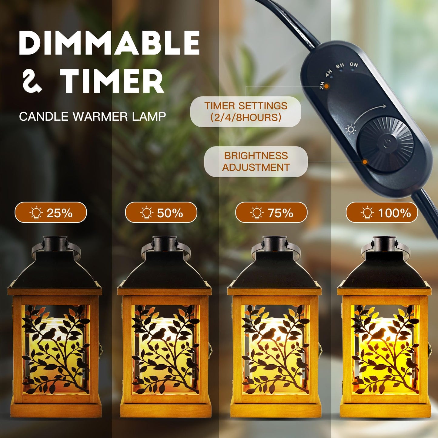 Candle Warmer Lamp with Timer Dimmer Farmhouse Lantern for Top-Down Adjustable Candle Warmer, Electric Lamp for Jar Candles with 2 Bulbs, Auto Shut Off Home Decor Gift for Women (Handmade Wood)