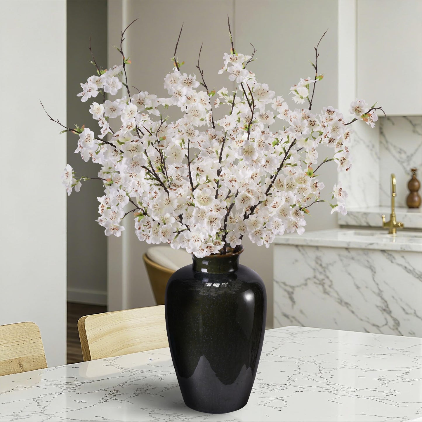 ENALGRE Artificial Cherry Blossom Branches 27.6In Silk Cherry Blossom Branches 8PCS Long Stem Artificial Flowers for Tall Vase, for Home Decorate, Weddings Decorate, Parties & Festival Gifts (White)