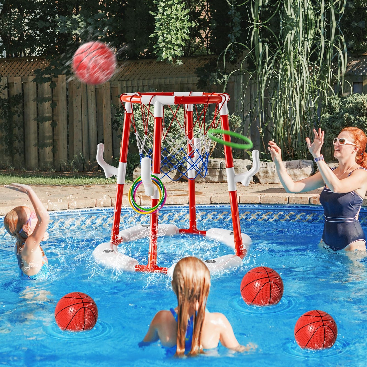 Pool Basketball Hoop Toys for Kids Ages 4-8 8-12 Adult, Summer Outdoor Swimming Pool Games Water Play Toys Family Party for Teens, 2in1 Pool Basketball Hoop & Rings Game with 4 Balls 12 Rings and Pump