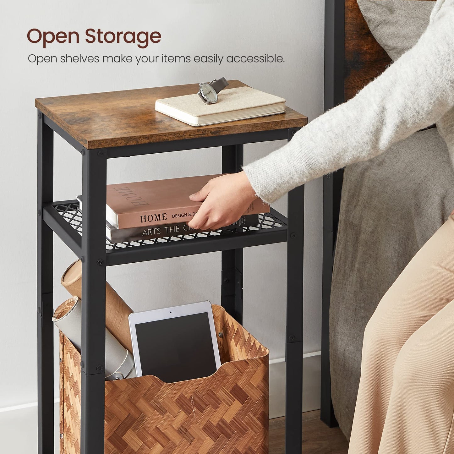 VASAGLE 3-Tier Tall Side Table, Small Telephone End Table Stand with 2 Mesh Storage Shelves for Office, Bedroom, Living Room, Kitchen Cart, Rustic Brown and Ink Black