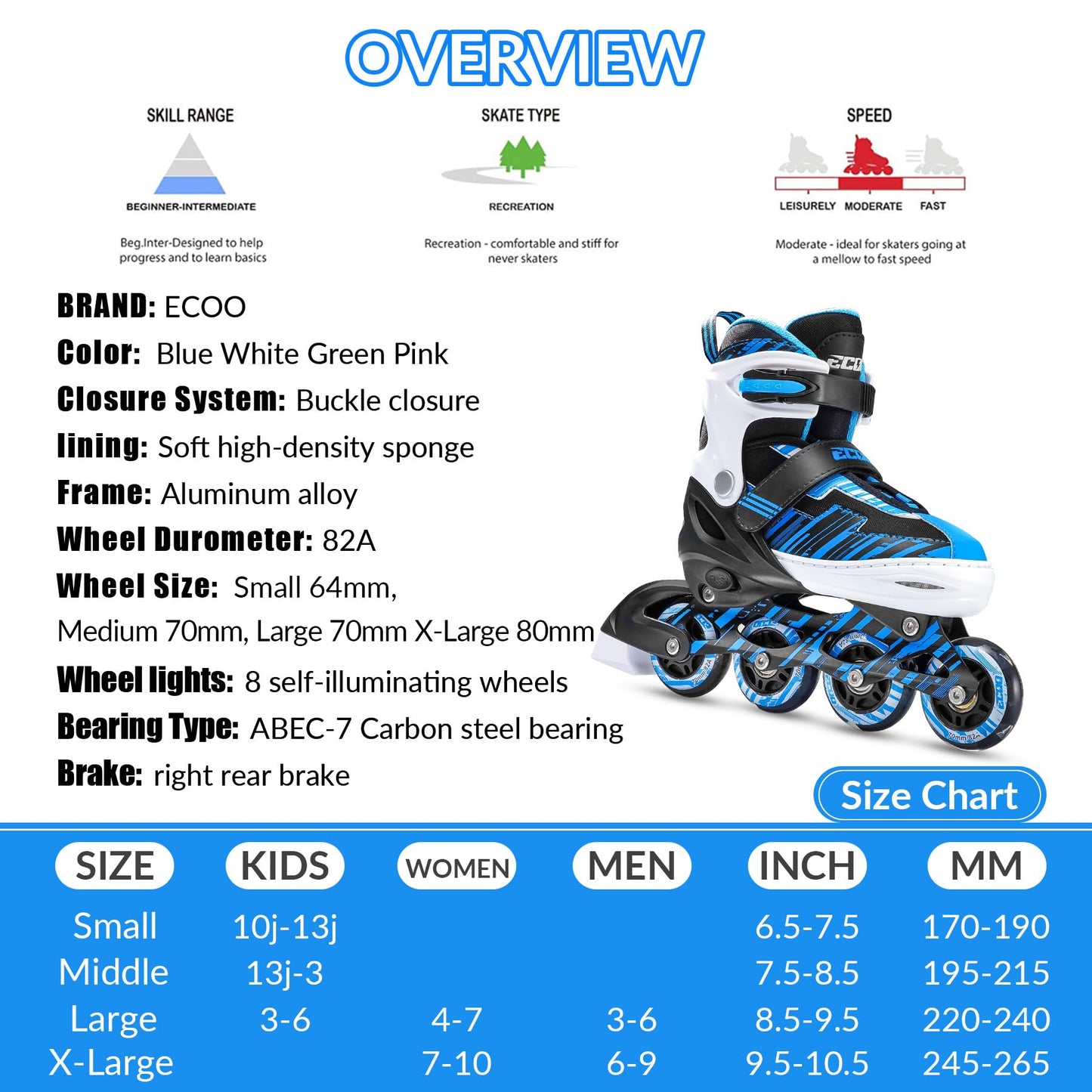 ECOO Adjustable Inline Skates Boys and Girls with Light up Wheels，Roller Skates for Kids Ages 4-12, Teen Skates for Beginner Outdoor and Indoor (Blue, Medium-Big Kids（13j-3 US）)