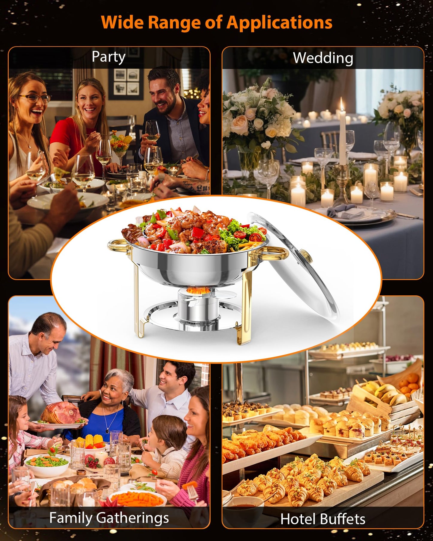 5QT 6 Packs Chafing Dish Buffet Set, NSF Round Stainless Steel Chafers and Warmers Food Servers Sets with Lid & Lid Holder, Spoon & Tweezer for Catering Events Parties Weddings Dinners, Gold