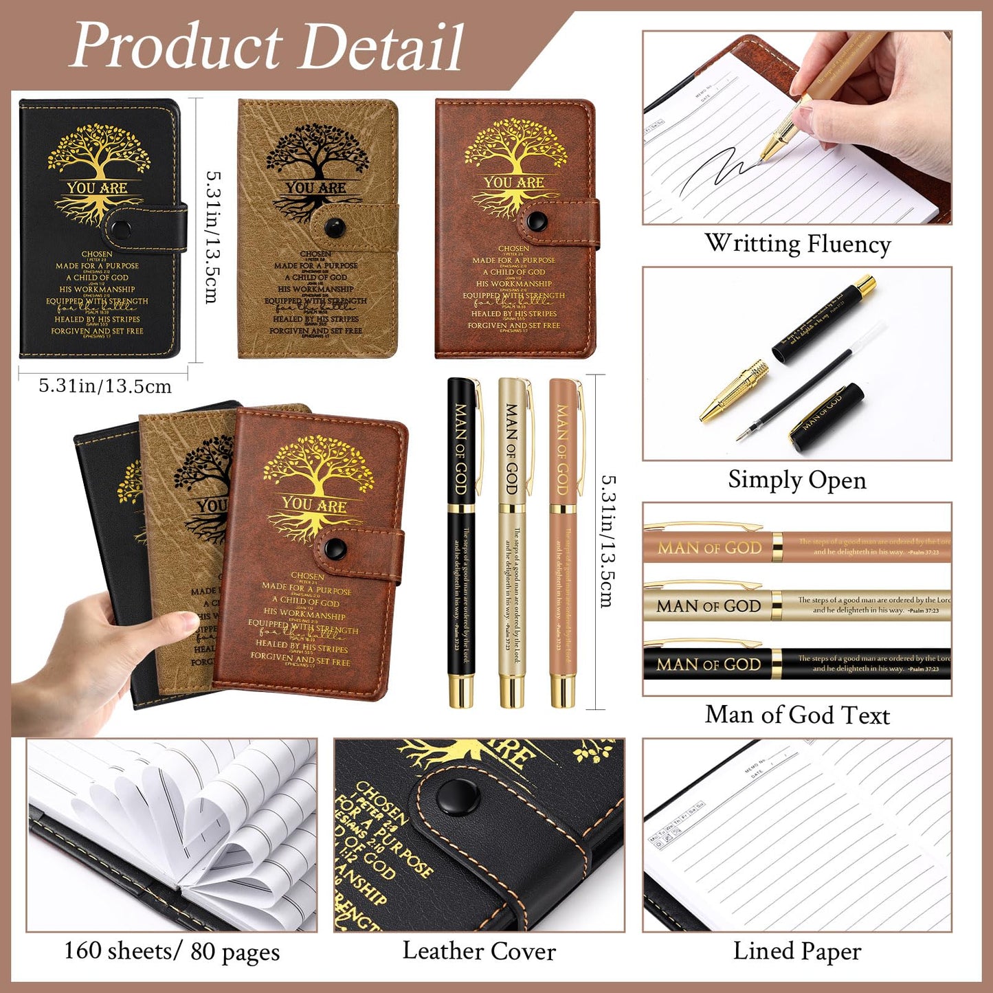 Thenshop 24 Set Christian Father's Day Church Gifts Tree of Life Leather Prayer Journal Man of God Notebook Religious Notepad with Pen Baptism Gift for Pastor Dad Men (Black Brown)