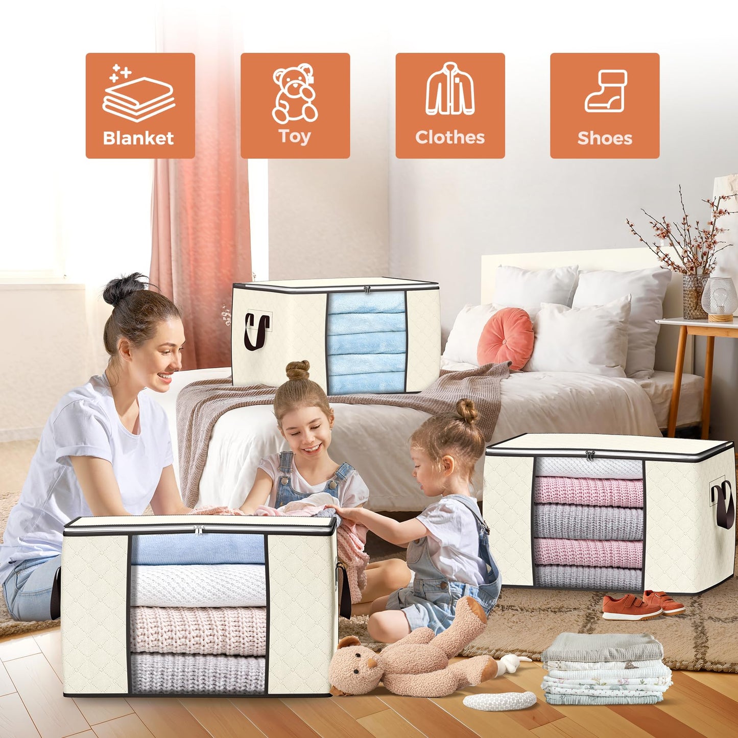 90 L Large Storage Bags, 6 Pack Clothes Storage Bins Foldable Closet Organizers Storage Containers with Reinforced Handle for Clothing, Blanket, Comforters, Bed Sheets, Pillows and Toys (Beige)