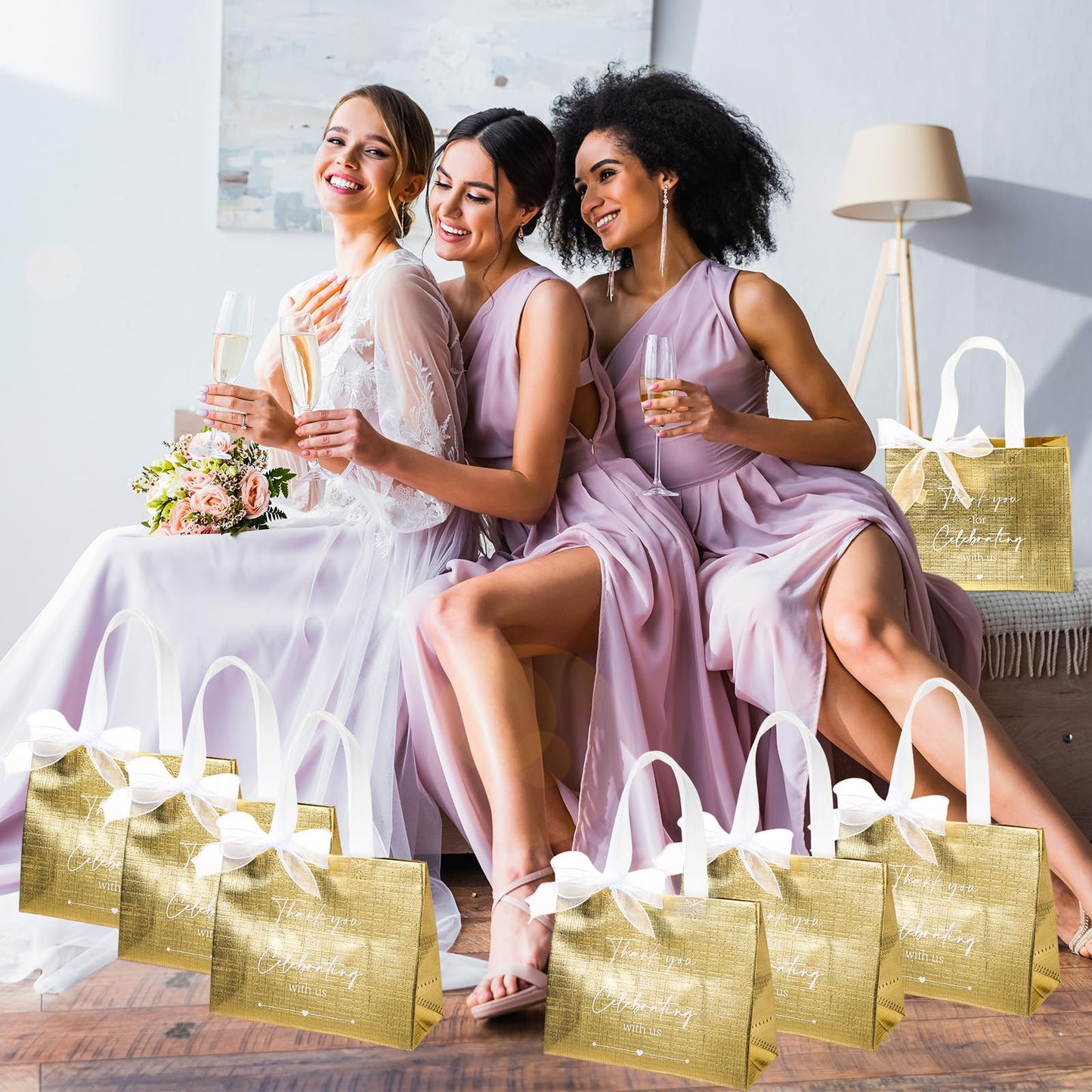 CHENGU 100 Pcs Thank You for Celebrating with Us Wedding Gift Bags for Hotel Guests Bulk Welcome Bags Reusable Non Woven Tote with Handle for Bridal Shower Party Favor(Gold)