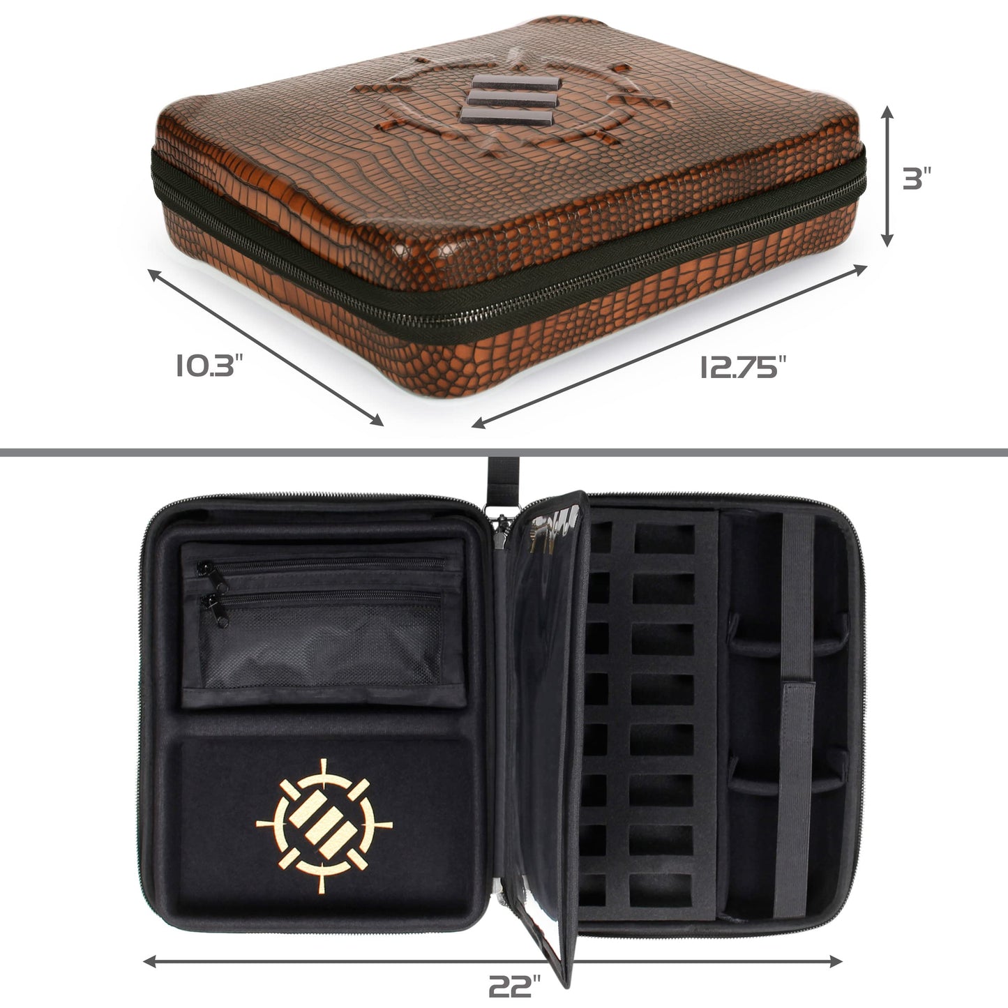 ENHANCE Collector's Edition RPG Organizer Case - DND Binder with Built-in Character Sheet Holder and Erasable Scribe Panel, Dice Rolling Area, Removable Pen Pouch, Miniature Foam Tray (Dragon Brown)