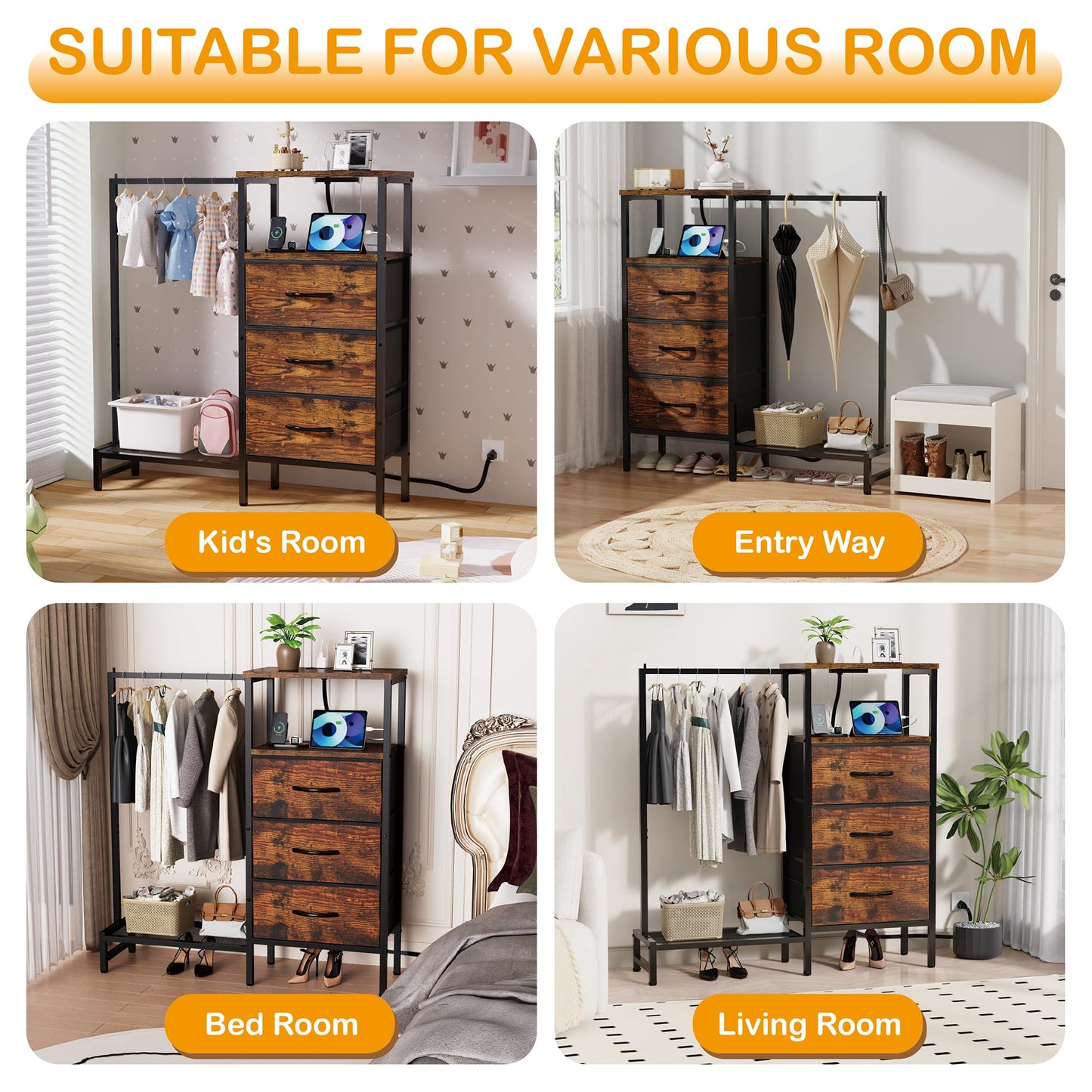 ZHNSYDN Dresser for Bedroom with Hanging Rack, 3 Drawers Closet with Charging Station, Fabric Chest of Drawers with Clothes Rack, Storage Organzier for Hallway Entryway, Brown