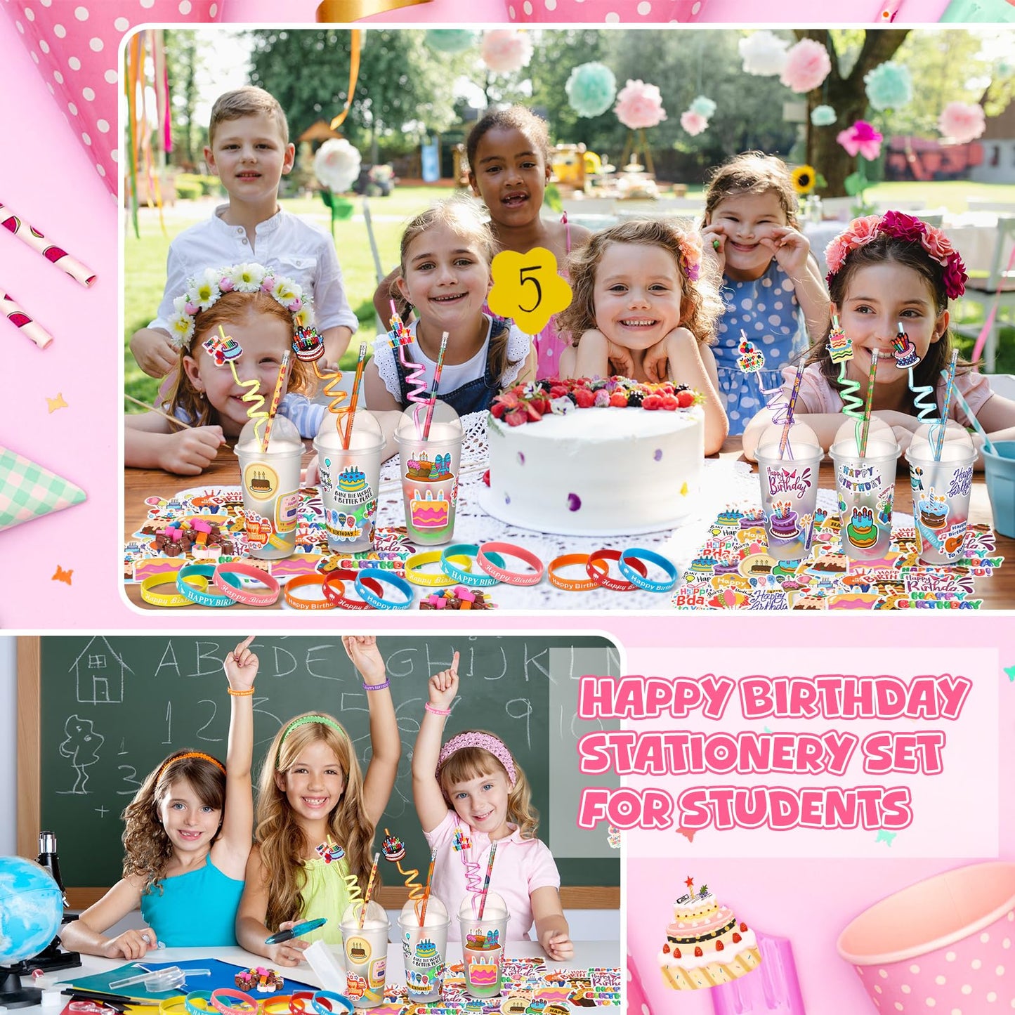 Baderke 24 Sets Birthday Gifts Party Favors Set Include Reusable Cups with Dome Lids Straw Decoration Pencil Heart Eraser Silicone Bracelet Stickers (Style A)