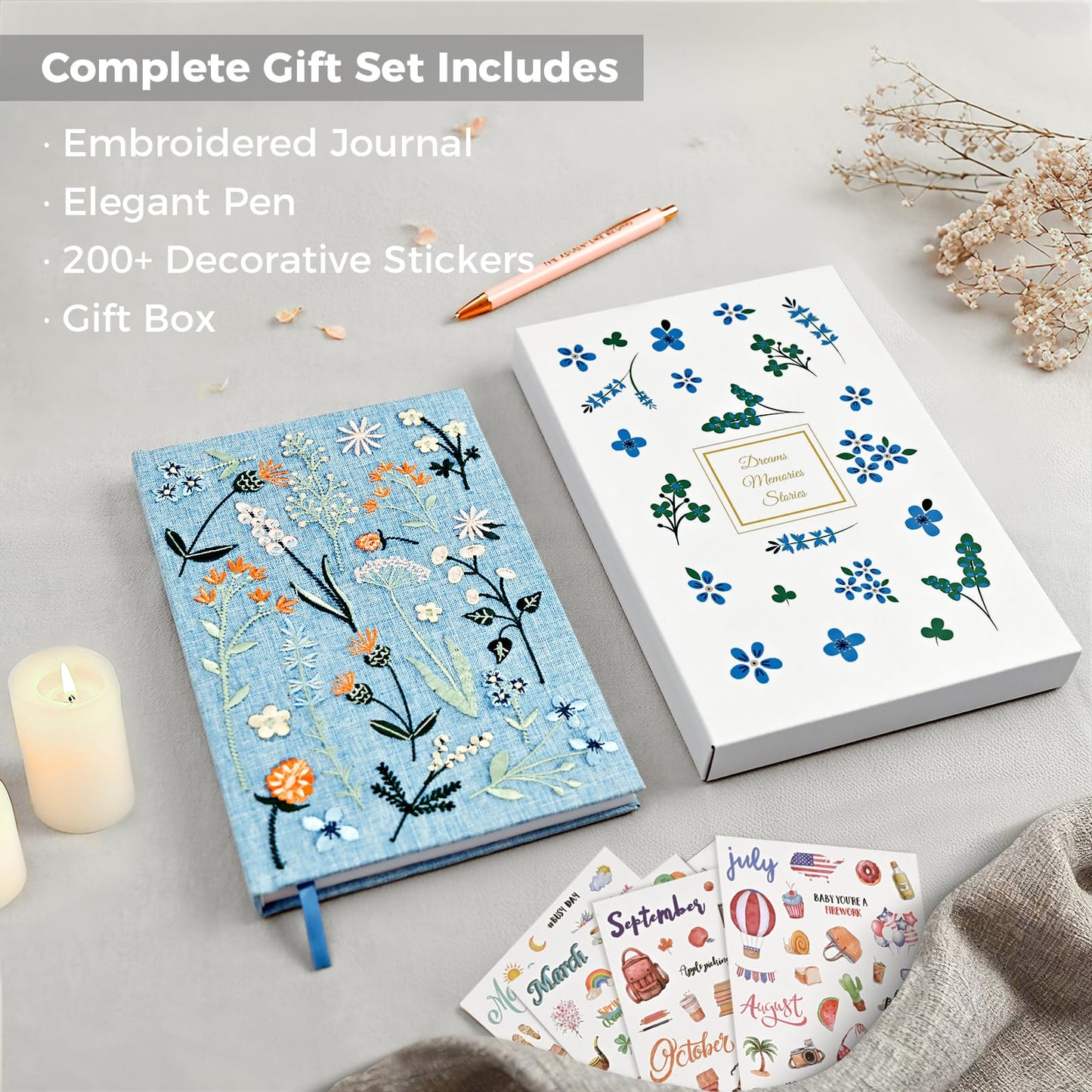 Journal for Women, Embroidered Linen Hardcover Notebook, A5 Journals for Writing & Sketching, Half Blank & Half Lined Journal, Aesthetic Writing Journal with Pen & 200+Stickers, Gift Set for Women