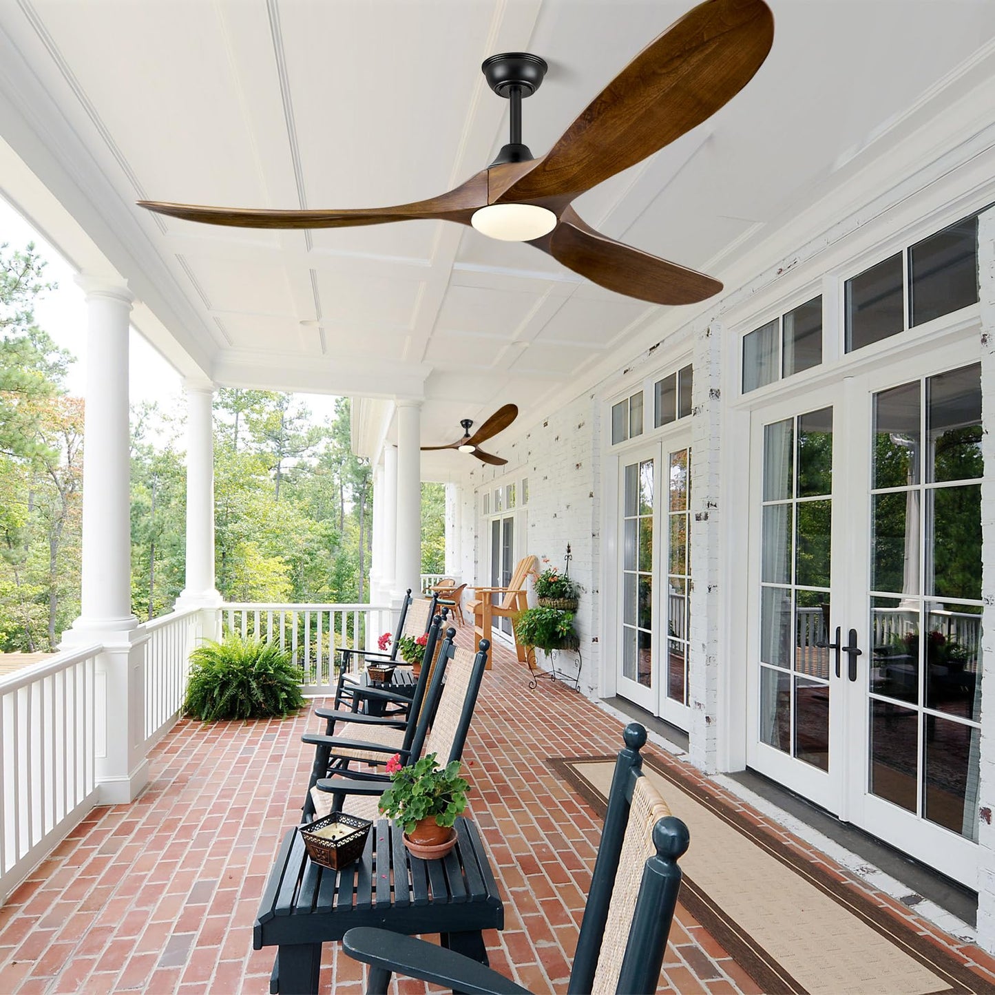 ABZ 60 Inch Ceiling Fans with Lights, Solid Wood Propeller Ceiling Fans with Lights and Remote Control Outdoor Ceiling Fan for Patios Propeller 3 Blades for Indoor Living Room, Walnut Wood