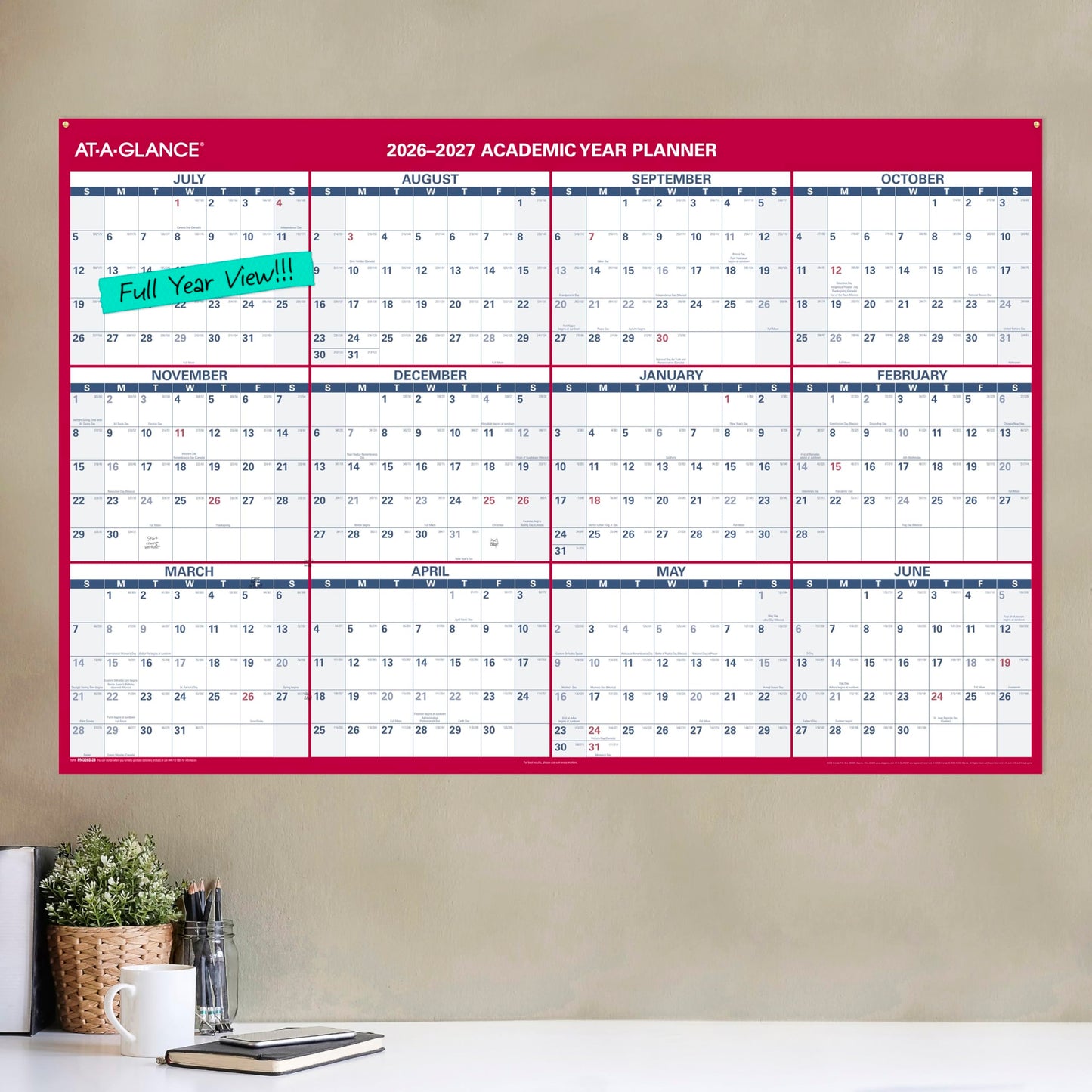 AT-A-GLANCE Dry Erase Calendar 2026-2027 Academic & Regular Year Wall Planner, 12-Month, 48" x 32", Double Sided, Horizontal (PM326S28)