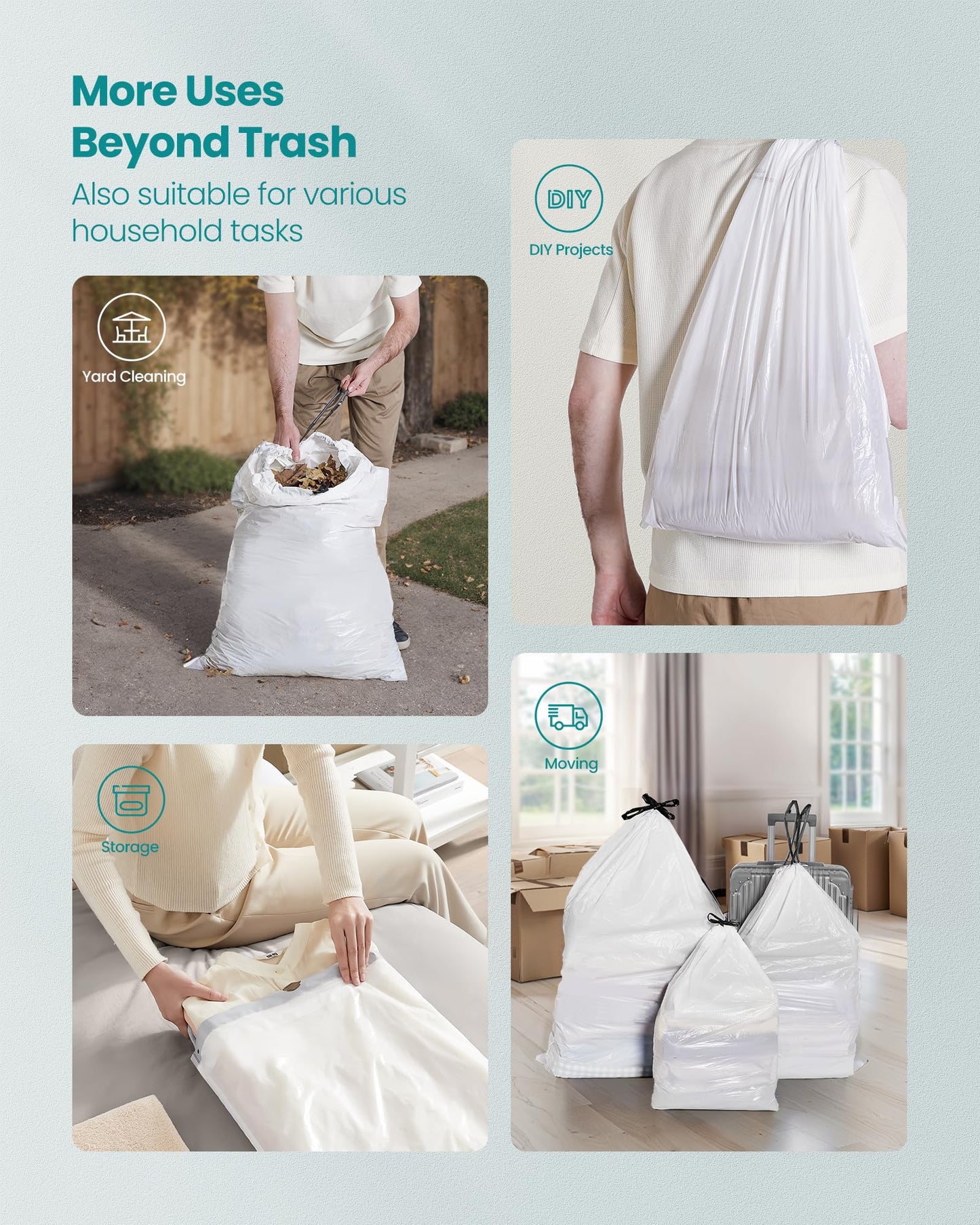 SONGMICS Trash Bags, Drawstring Kitchen Garbage Bags, Pre-Separated, Quick-Dispense Box, for 13-Gallon (50 L) Trash Cans, Liner Code K, 4 Rolls, 160 Count, White UKRB051A04