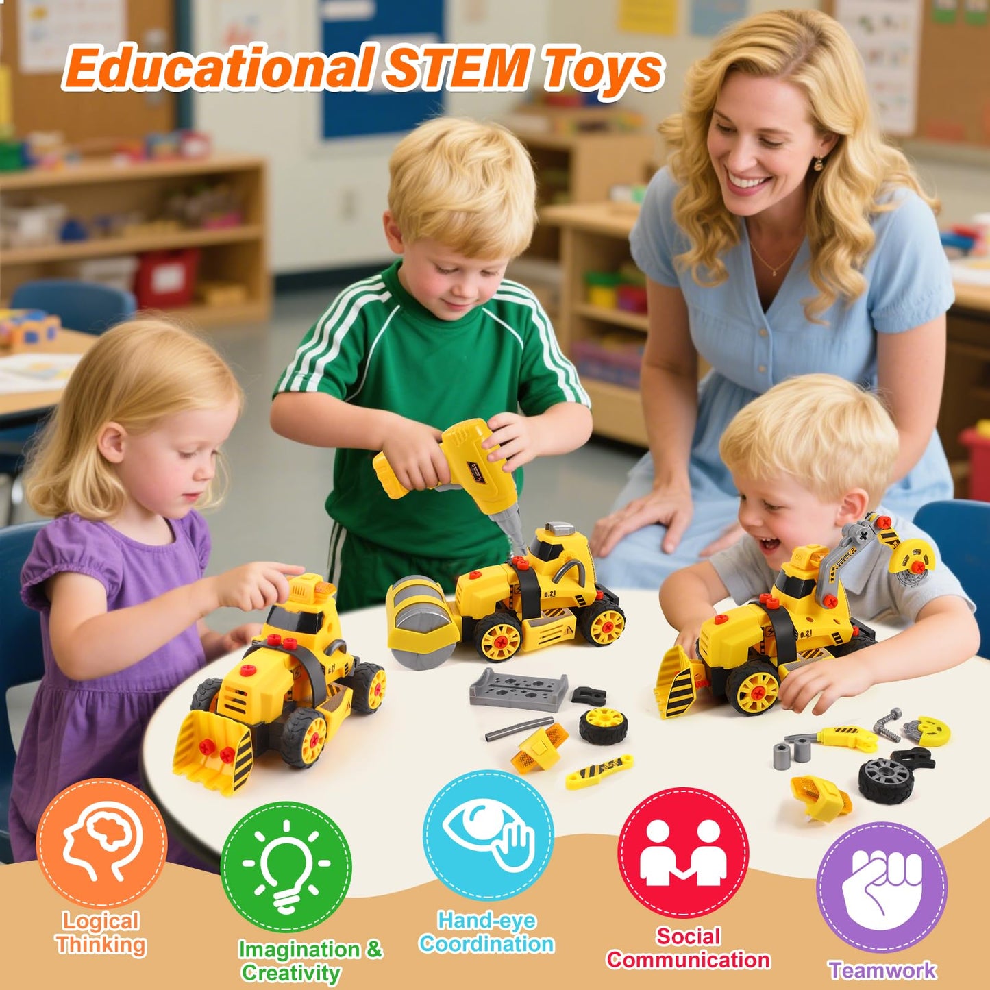 FLY2SKY Take Apart Toys with Electric Drill Truck Construction Set DIY Engineering Building Toy Push Go STEM Toy (9 in 3 Take Apart Toys)