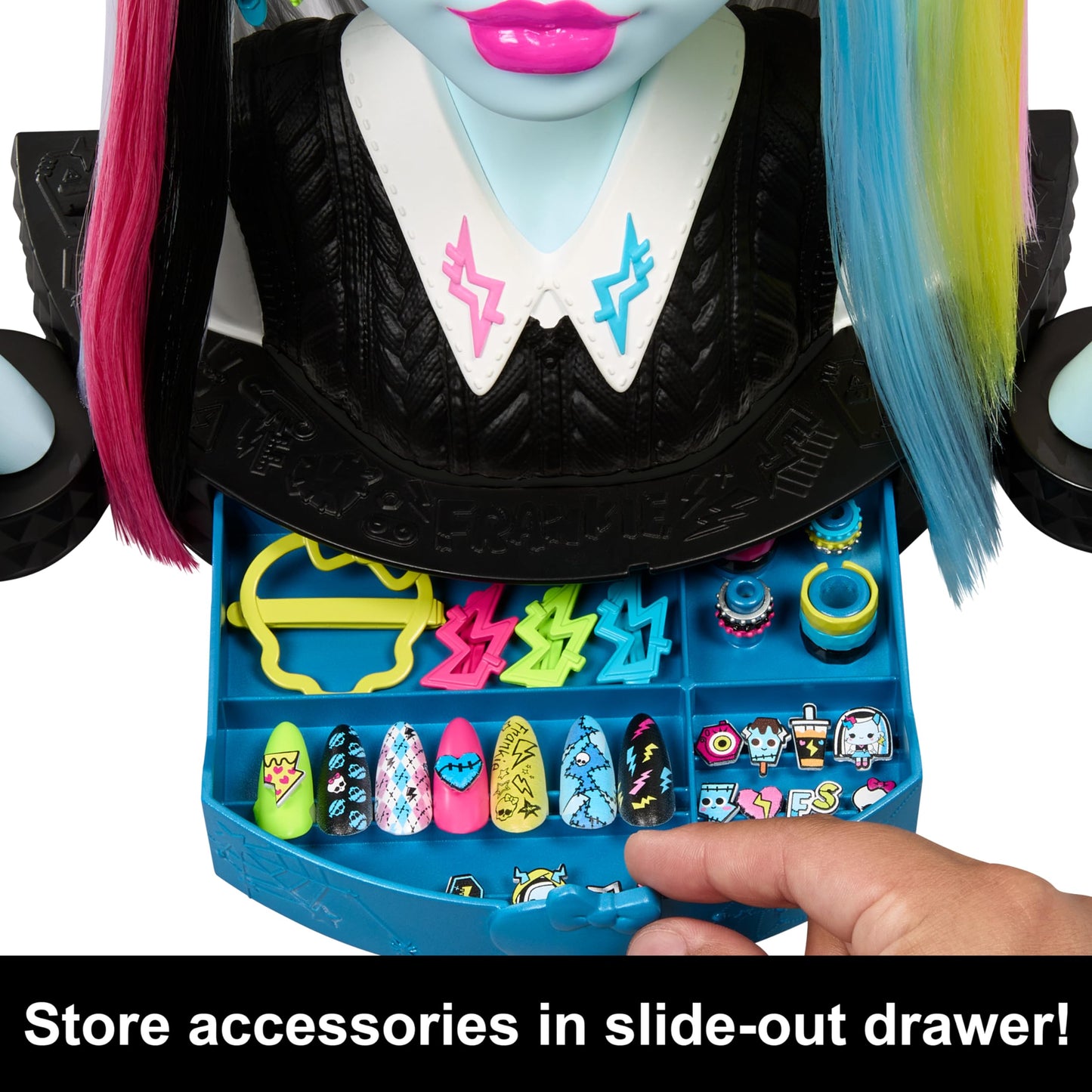 Monster High Frankie Stein Doll Head for Hairstyling with 65+ Accessories Including Wear & Share Nails, Hair Ties, Barrettes & Stickers