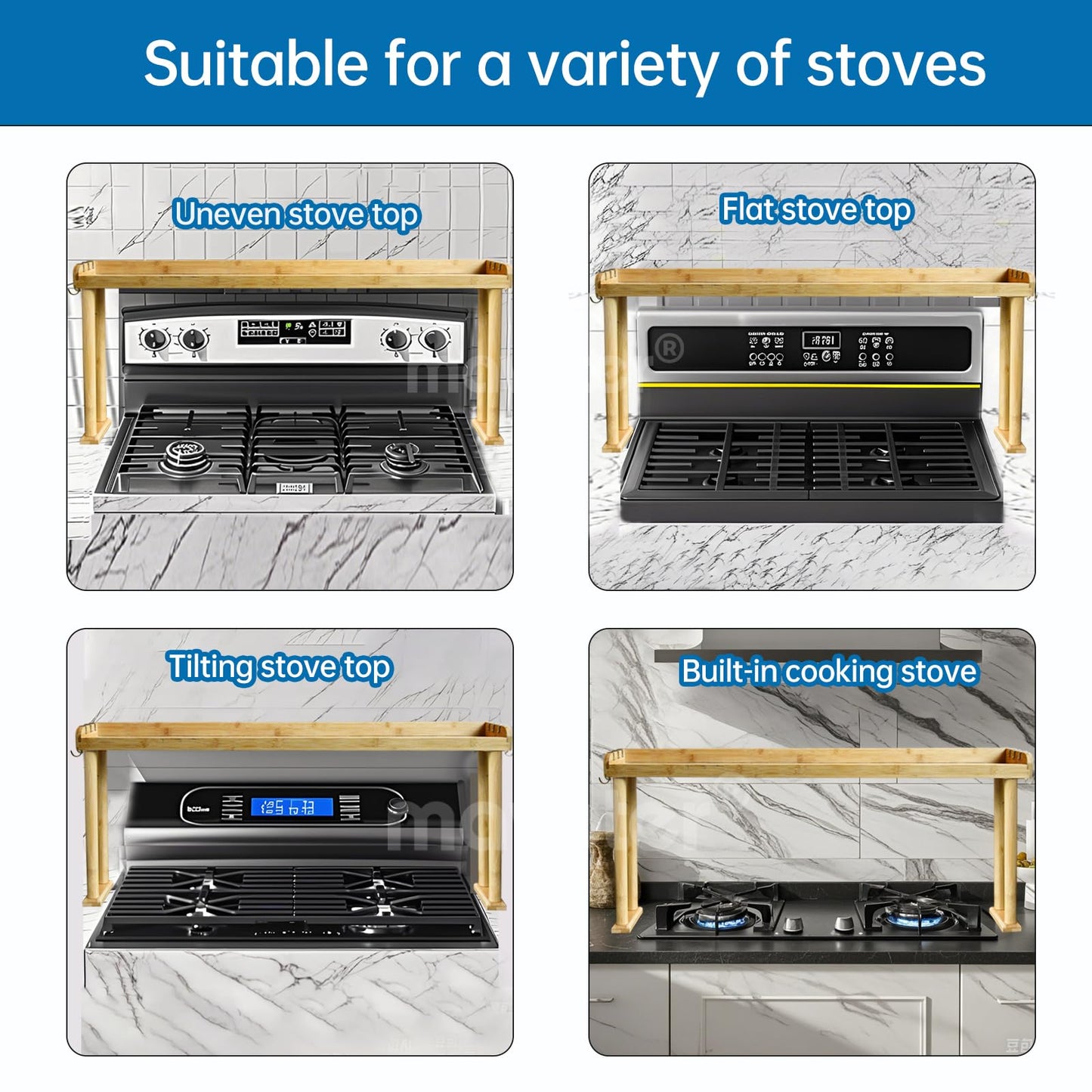 MAVOTER Over The Stove Top Shelf for Kitchen Bamboo Spice Rack Organizer for Back of Stove with Protective Lips & 6 Hooks,Easy Installation 33.5 * 4.5 * 13.4”