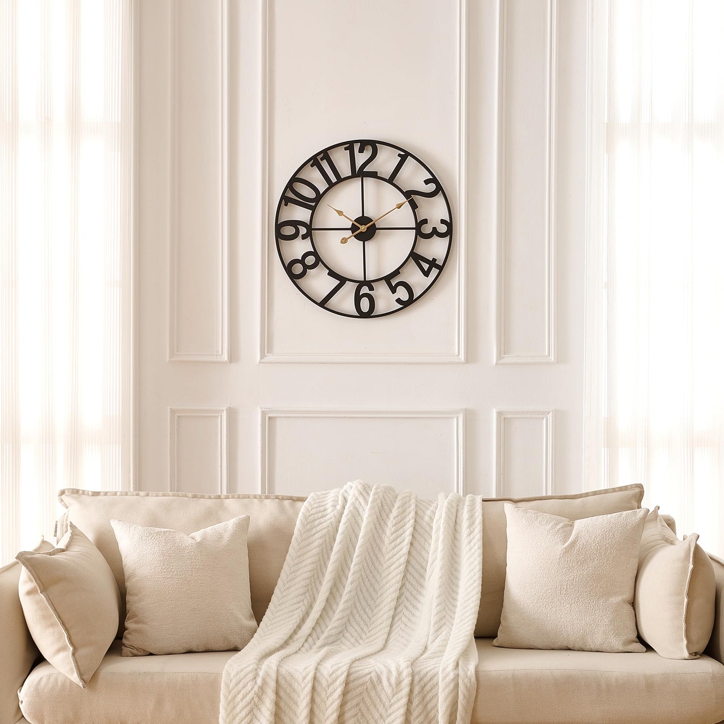Alarmore Wall Clocks for Living Room Decor, Silent Wall Clock Battery Operated, Mid Century Rustic Farmhouse Black Metal Skeleton Large Clocks for Kitchen, Bedroom, Dining Room-18 in