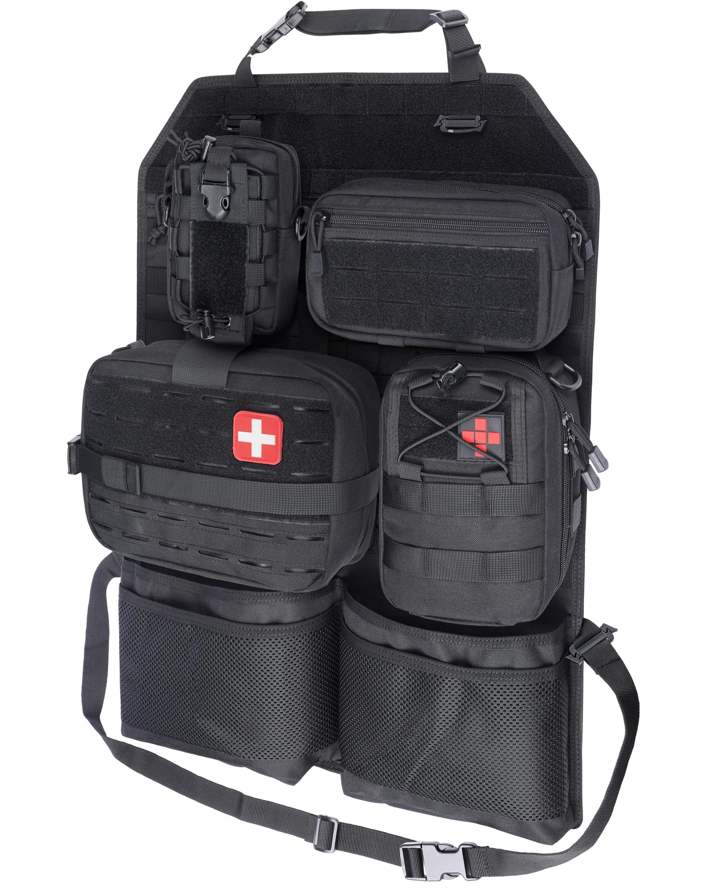 WYNEX Tactical Car Seat Back Organizer Set, Vehicle Accessories Molle Panel wtih Detachable 4 Molle Pouches - First Aid EDC Admin Storage Bag for Road Trips, Fits Most Cars, SUVs, Pickups, Trucks