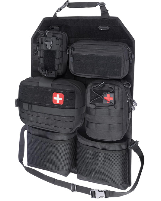 WYNEX Tactical Car Seat Back Organizer Set, Vehicle Accessories Molle Panel wtih Detachable 4 Molle Pouches - First Aid EDC Admin Storage Bag for Road Trips, Fits Most Cars, SUVs, Pickups, Trucks