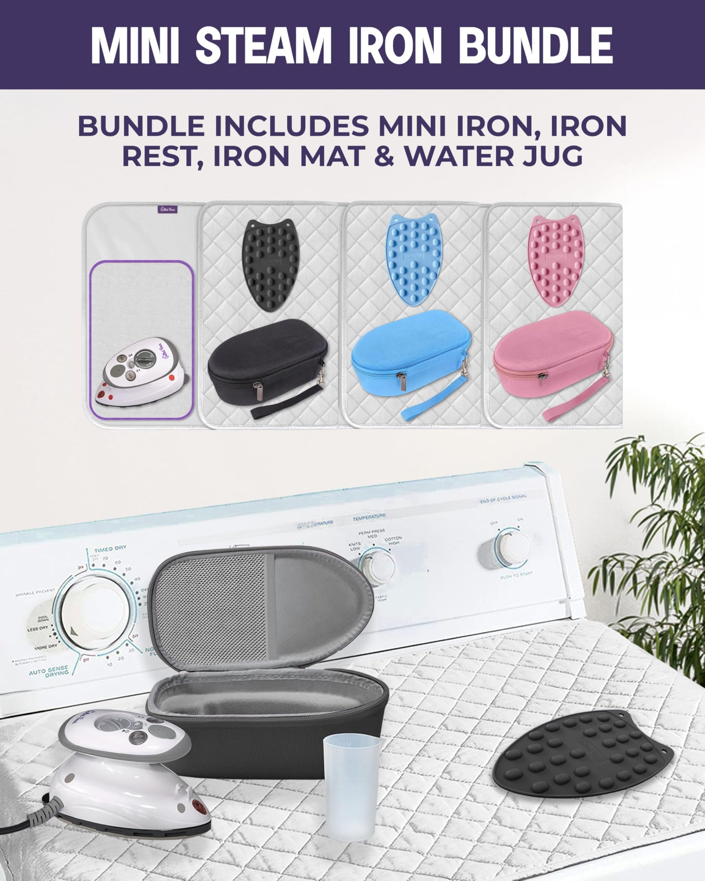 The Quilted Bear Mini Iron, Rest & Ironing Mat - Lightweight Mini Steam Iron with Hard Shell Travel Case, Rest & Ironing Mat - Travel Essentials for Wrinkle Free Clothes & Effortless Quilting (Black)