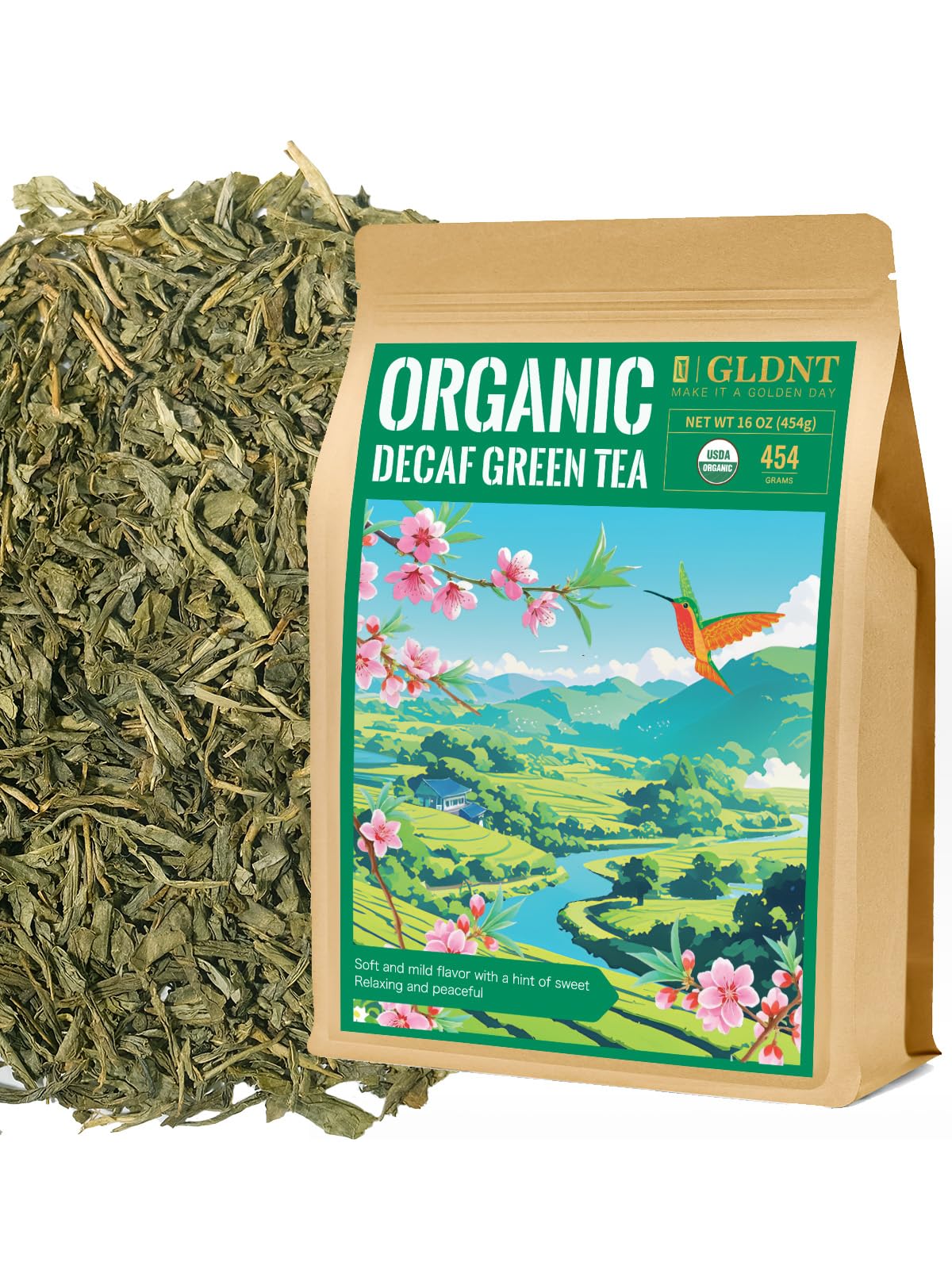 GLDNT Organic Decaf Green Tea, Organic Decaffeinated Green Tea Loose leaf, Delicate & Smooth Flavor, Hot & Iced Tea, 16 Ounce