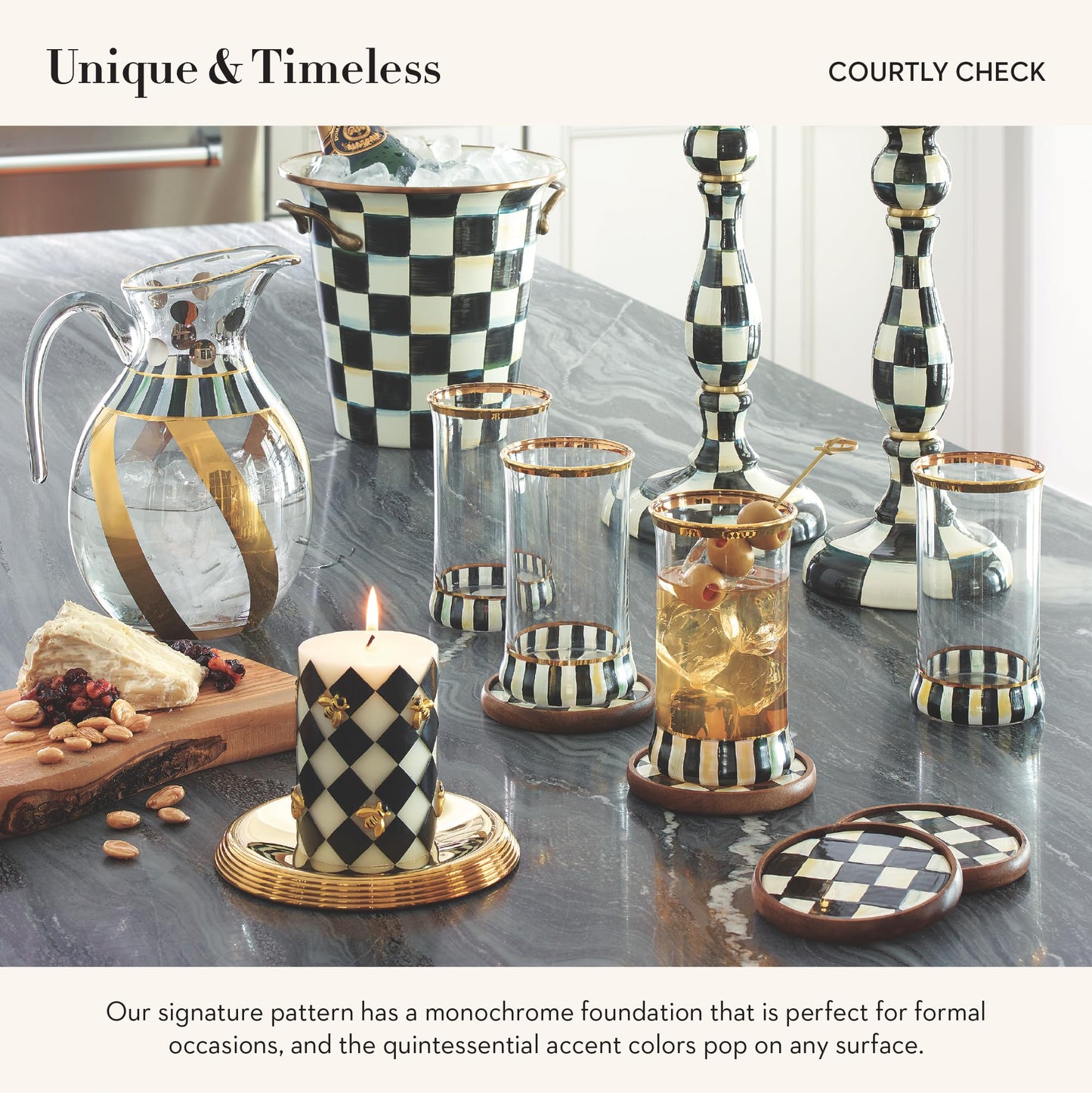 MacKenzie-Childs Courtly Check Round Enamel Coasters, Table Coasters for Drinks, Set of 4