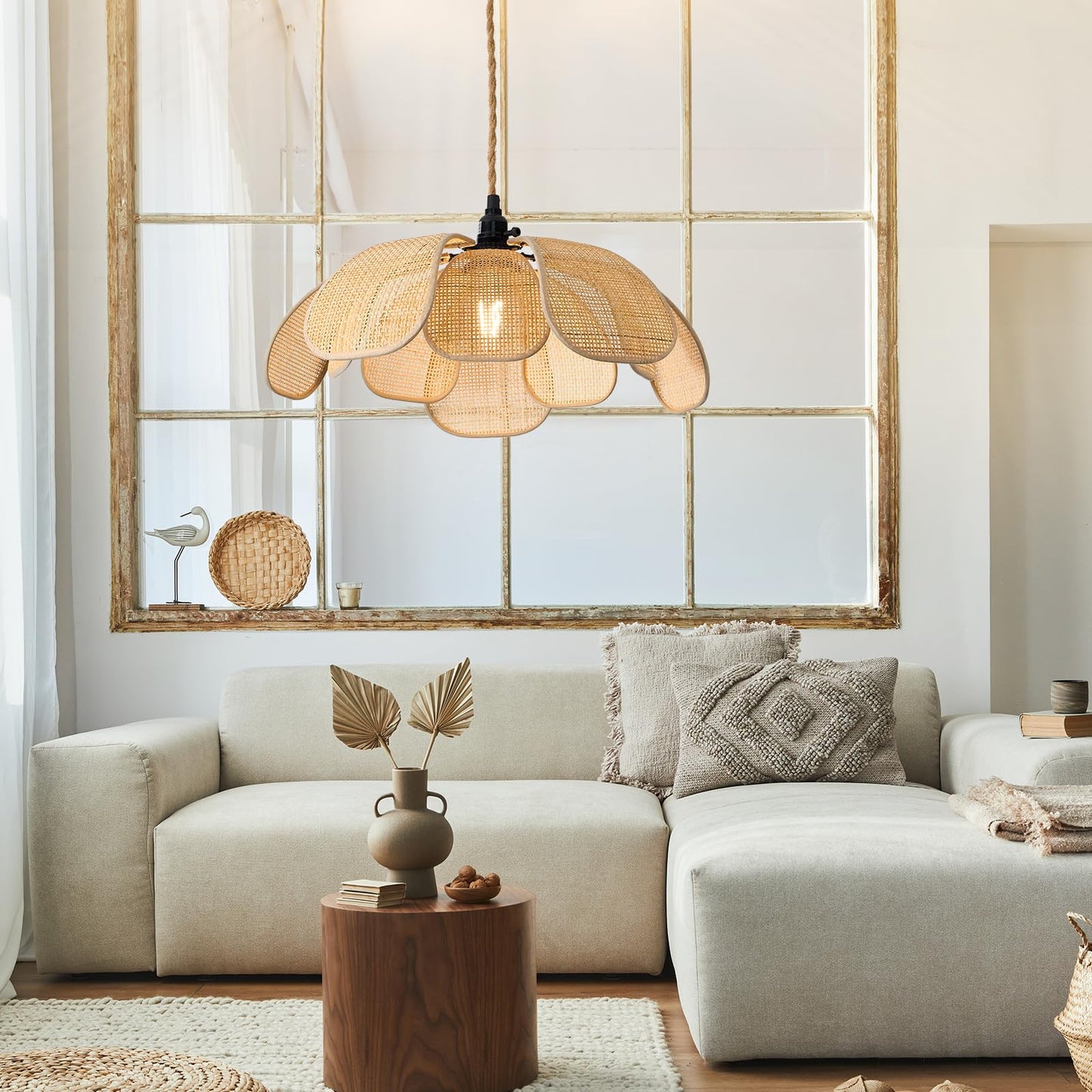 Haolaike Boho Plug in Chandeliers Rattan Hanging Lights Flower Pendant Light with On/Off Switch 15ft Hemp Rope Cord Handwoven Lampshade Bedroom Flower Hanging Lamp Fixture for Dining Room Living Room