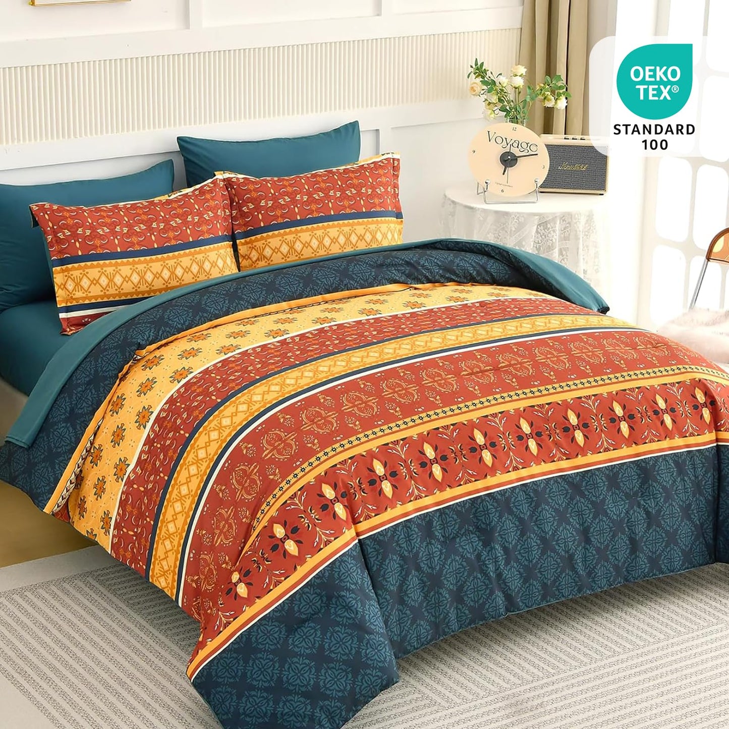 WONGS BEDDING Boho Comforter Set Queen Size,7 Pieces Bed in a Bag Bohemian Striped Bedding Set,Burnt Orange Paisley Floral Comfortet and Sheet Set,Soft Microfiber Bedding Sets for All Season