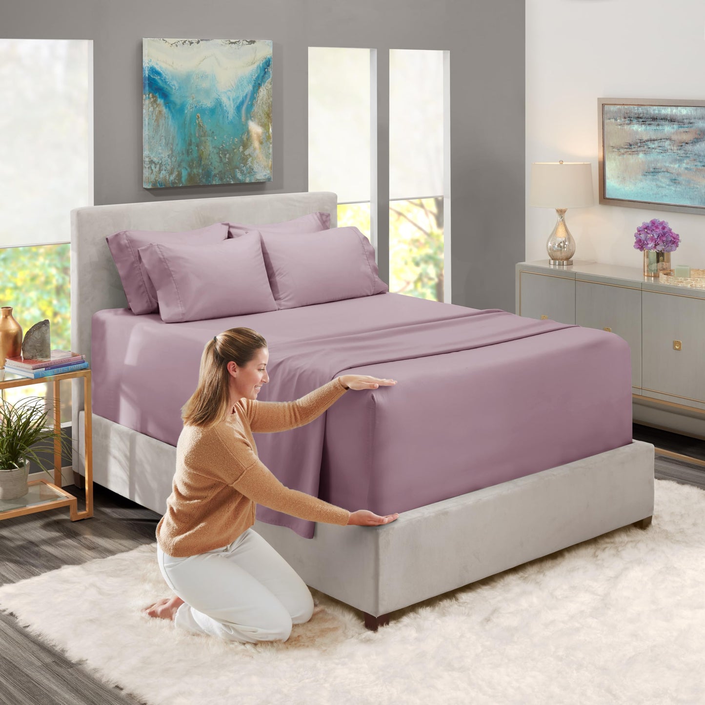 Hearth & Harbor Extra Deep Pocket Sheet Sets, Luxury Soft 6 Piece Bed Sheet Set Fits Mattress 18-24 Inches - King, Dusty Purple