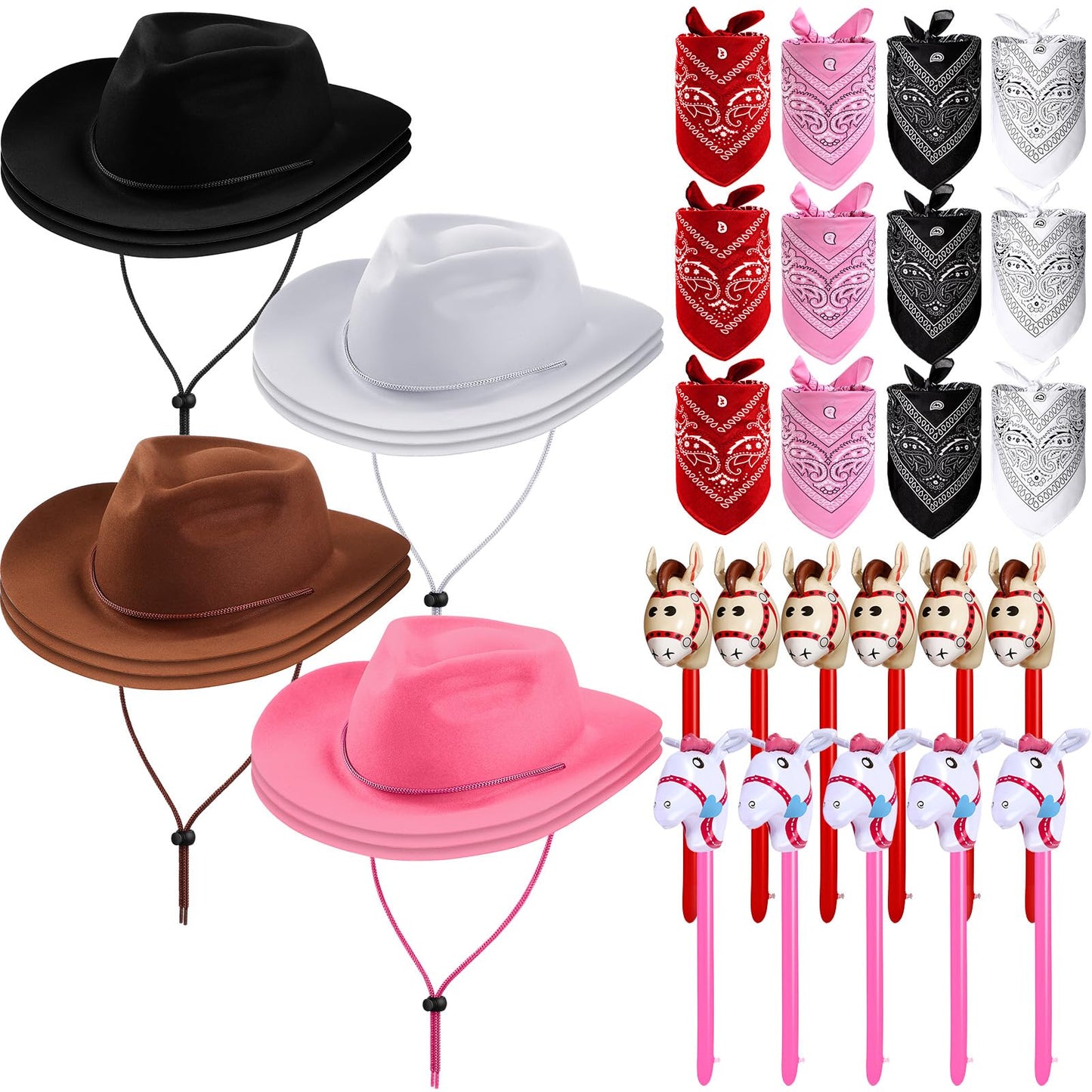 Xtinmee 36 Pcs Cowboy Party Costume Set, Farm Cowboy Hats Paisley Bandanas Inflatable Stick Horses Kids Party Supplies(Multicolor)