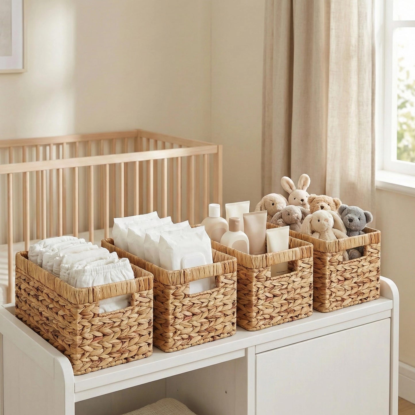 Water Hyacinth Woven Storage Baskets, Set of 4 Wicker Baskets for Organizing with Built-In Handles, Handwoven Rectangular Shelf Bins for Pantry, Bathroom, Kitchen, Closet (13 x 8.25 x 7 in)