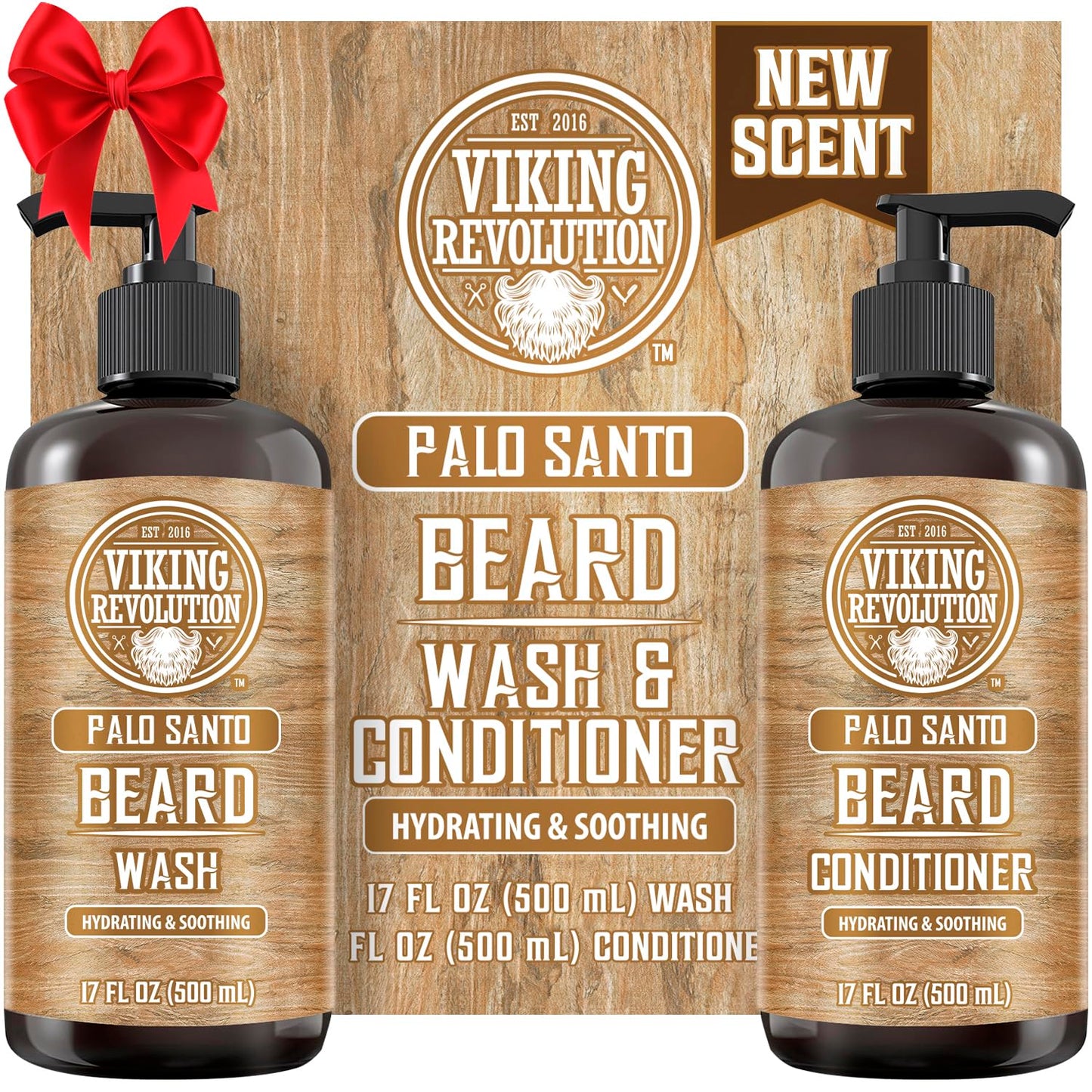 Viking Revolution Palo Santo Beard Wash and Beard Conditioner Set with Argan and Jojoba Oils - Softens and Strengthens - Natural Palo Santo Scent - Beard Shampoo with Ginseng Root Extract (17 oz)