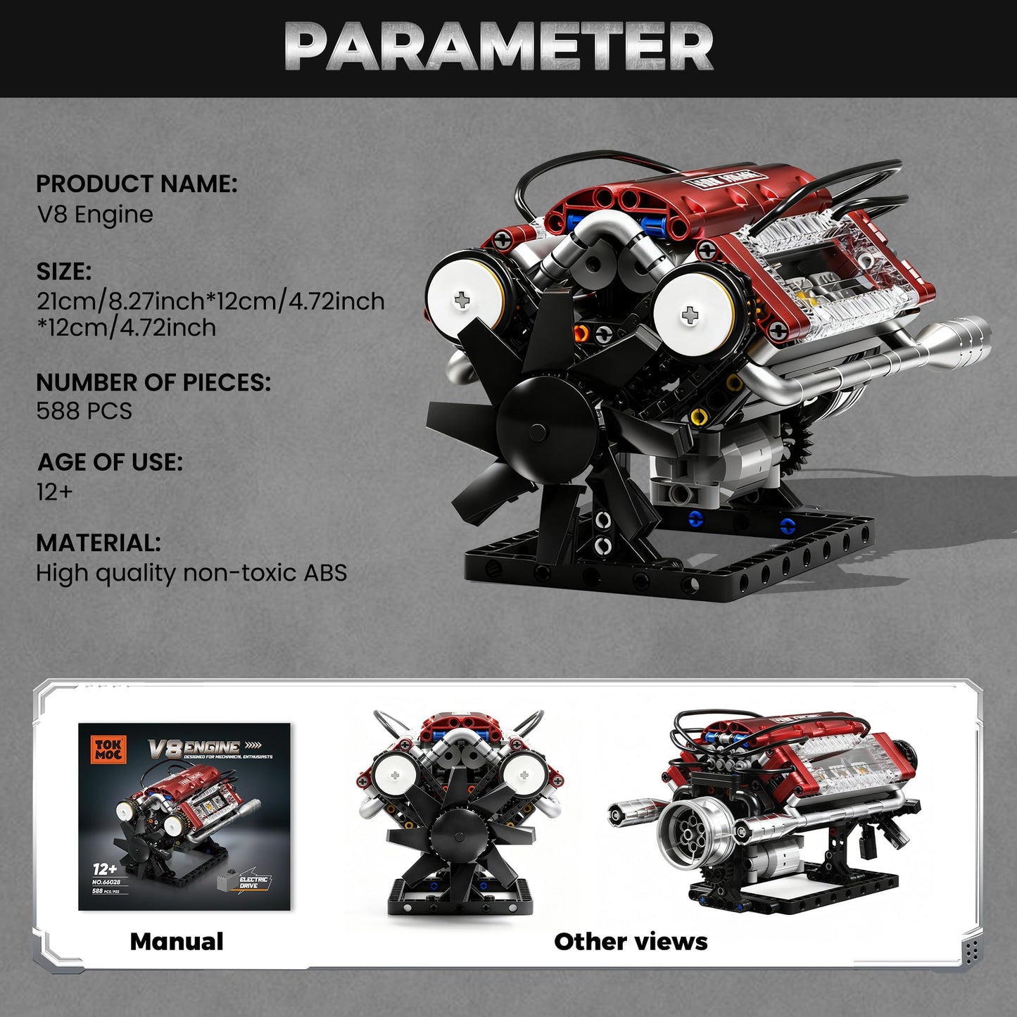 HGYYGACN V8 Engine Building Blocks Sets, V8 Engine Model Kit, Runnable Model Engine Building Sets, Mini Engine Kits with Crankshaft & Rotating Fan, for Adults & Kids