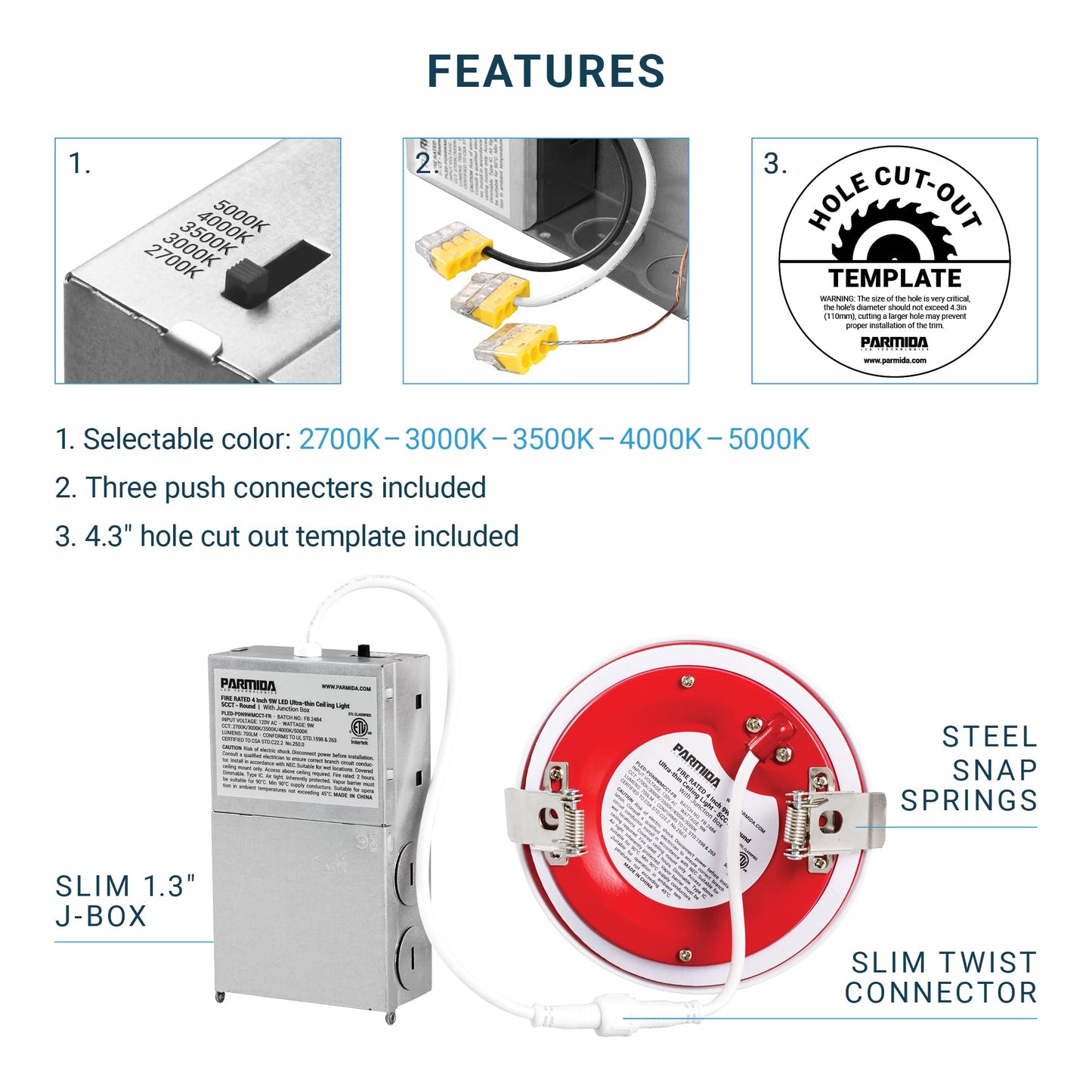 PARMIDA (6 Pack) 4 Inch 2HR Fire Rated LED Recessed Light, ETL, 5 Color Selectable 2700/3000/3500/4000/5000K, 9W Dimmable Ultrathin Canless Wafer Slim Panel Downlight, Wet/IC Rated, No Tenmat Needed