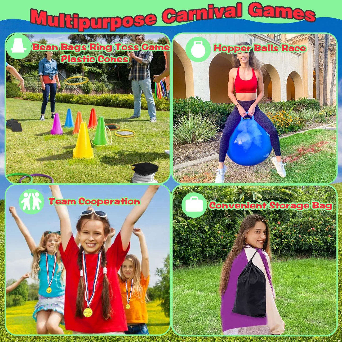 58PCS Carnival Outdoor Games Combo Set,17.7IN Hopper Balls with Handle,Egg Spoon Relay Race,Soft Plastic Cones Bean Bags Ring Toss Game,3 Legged Race for Family Reunion Outside Field Day Easter Games