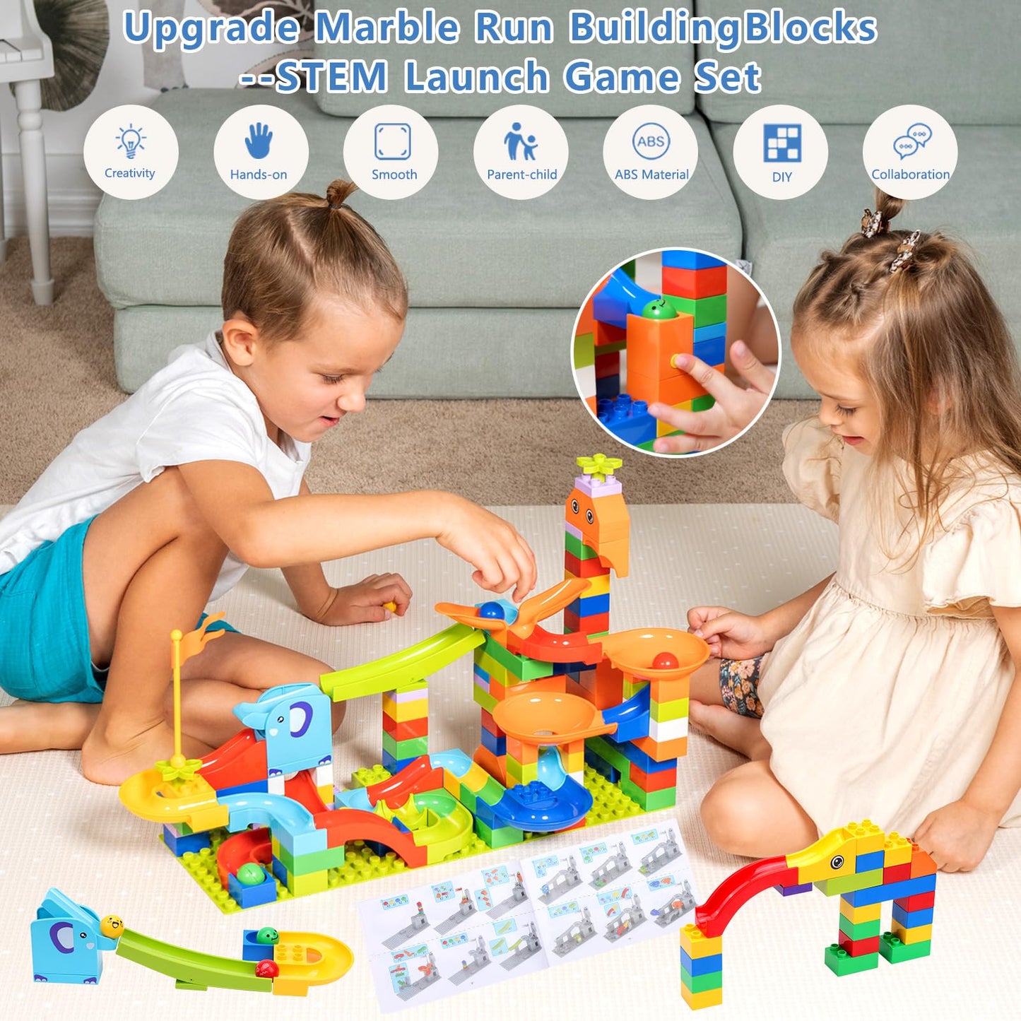 COUOMOXA 130 Pcs Launch Marble Run Building Blocks Classic Big Blocks STEM Toys Bricks Set Kids Race Track Compatible with All Major Brands Montessori Learn Resource Gift for Boys Girls Toddler Age 3+