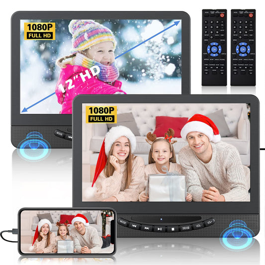 12" Portable DVD Players with Screen, Car DVD Player Dual Screen Play A Same Or Two Different Movies with 1080P HDMI Input, Headrest DVD Player for car Support USB/Sync Tv