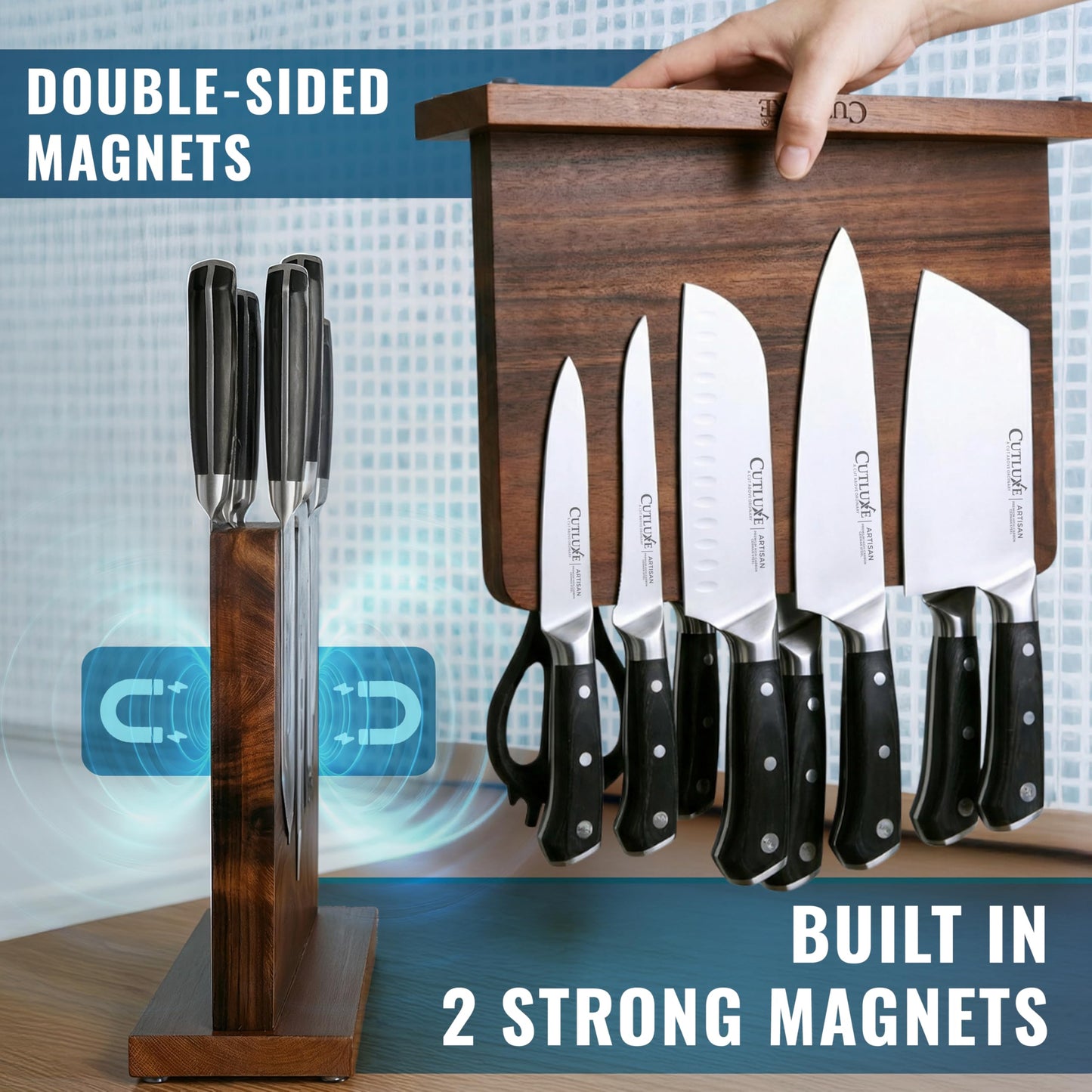 Cutluxe Magnetic Knife Block - Double Sided Acacia Wood Knife Holder, Strong Magnetic Strips, Universal Fit Knife Storage Stand