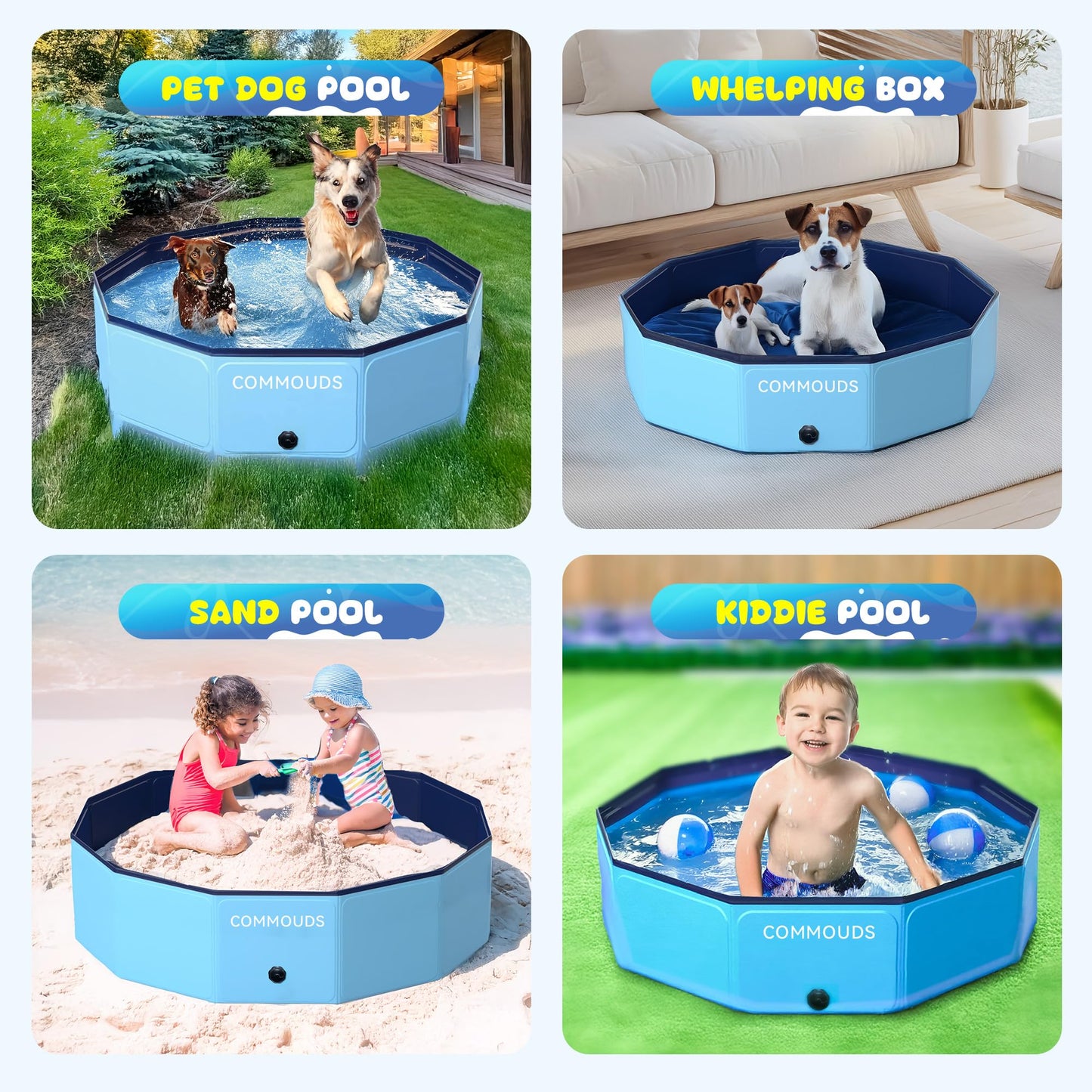COMMOUDS Foldable Dog Pool, Collapsible Hard Plastic Dog Kiddie Swimming Pool, Portable Pet Bath Tub Wading Pools for Kids and Puppy Small Medium Large Dogs (48inch.D x 12inch.H)