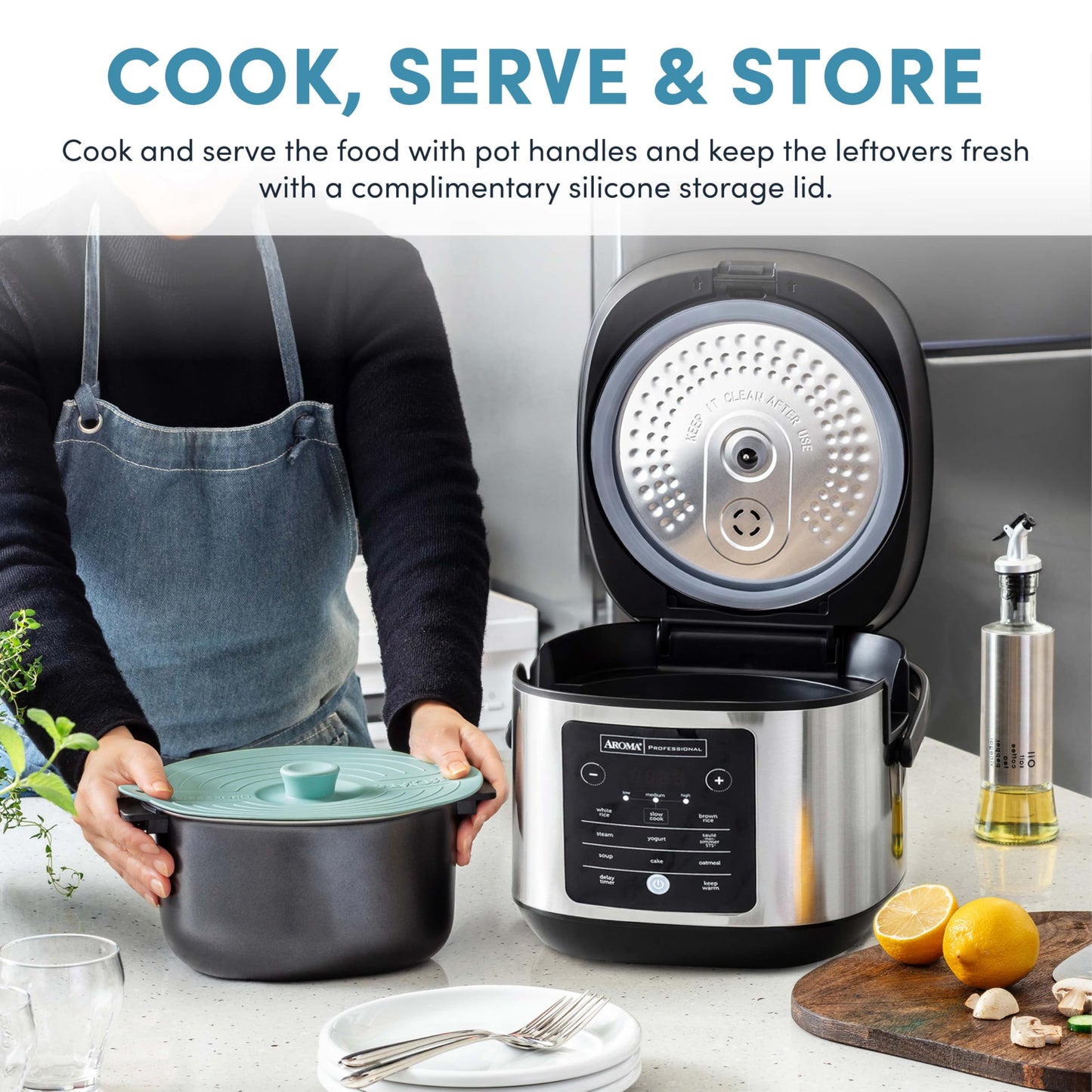 AROMA® 20-Cup Slow Cook Rice Cooker and Brown Rice Cooker with Lift-Out Pot Handles and Silicone Storage Lid — PFAS-Free CoreCoat™ Ceramic