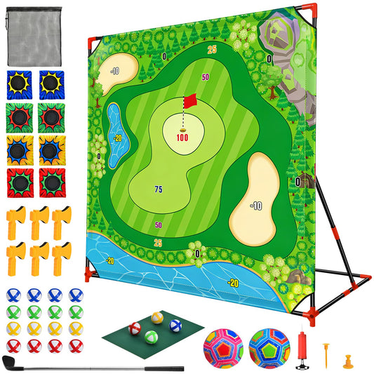 DyBaxa Golf Chipping Game - Golf Battle Game for Kids, 54*54 Golf Target Mat with 16 Sticky Balls, 8 Bean Bag, 6 Axe, 2 Soccer, Perfect for Family Fun, Outdoor Lawn, Poolside, Backyard Party Activity