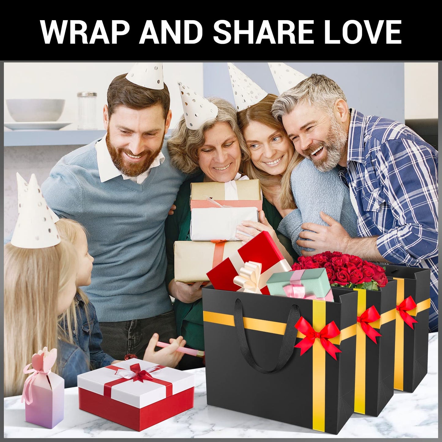 EUSOAR Large Gift Wrap Bags Bulk, 50 Pack 12.5x4.5x11 inches Black Paper Bags with Handles, Heavy Duty Totes for Wedding, Grocery, Boutique, Retail, Business, Party Favors, Baby Showers, Birthdays
