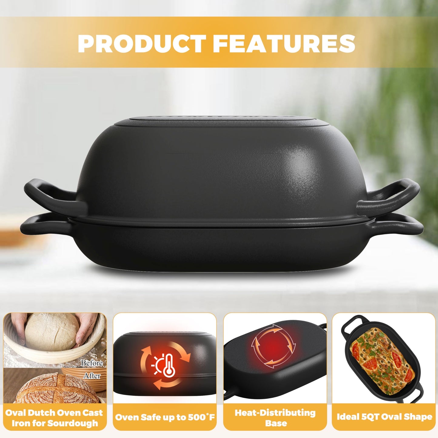 GdnWings Oval Dutch Oven for Bread Baking 12 x 8 Inch, Pre-Seasoned Cast Iron Bread Oven for Sourdough, Dutch Oven Bread Loaf Pan for a Crispy Crust, 5QT