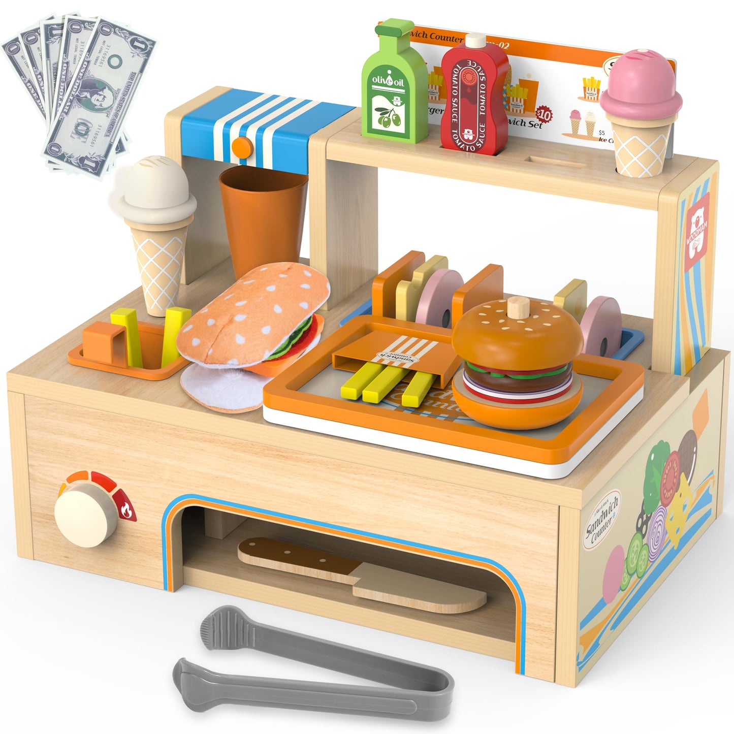 Wooden Play Food Sets Sandwich Counter, 56 Pcs Foldable Pretend Play Kitchen Food Toy with Burger, Ice Cream, Fries, Play Money & Menu, Kids Play Store Boys Girls Birthday Gift for Toddlers Ages 3+