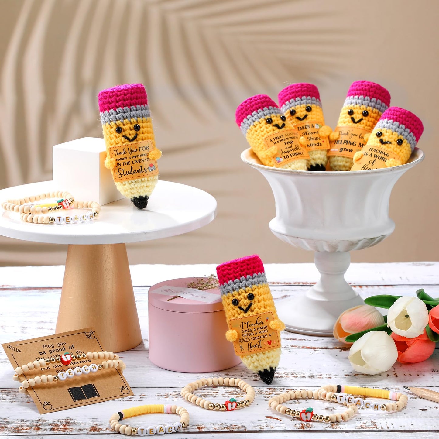 Juinte 6 Sets Teacher Appreciation Gifts Crochet Pencil Dolls with Thank You Teacher Card and Bracelet Presents for Teacher's Day Positive Graduation End of Year from Students
