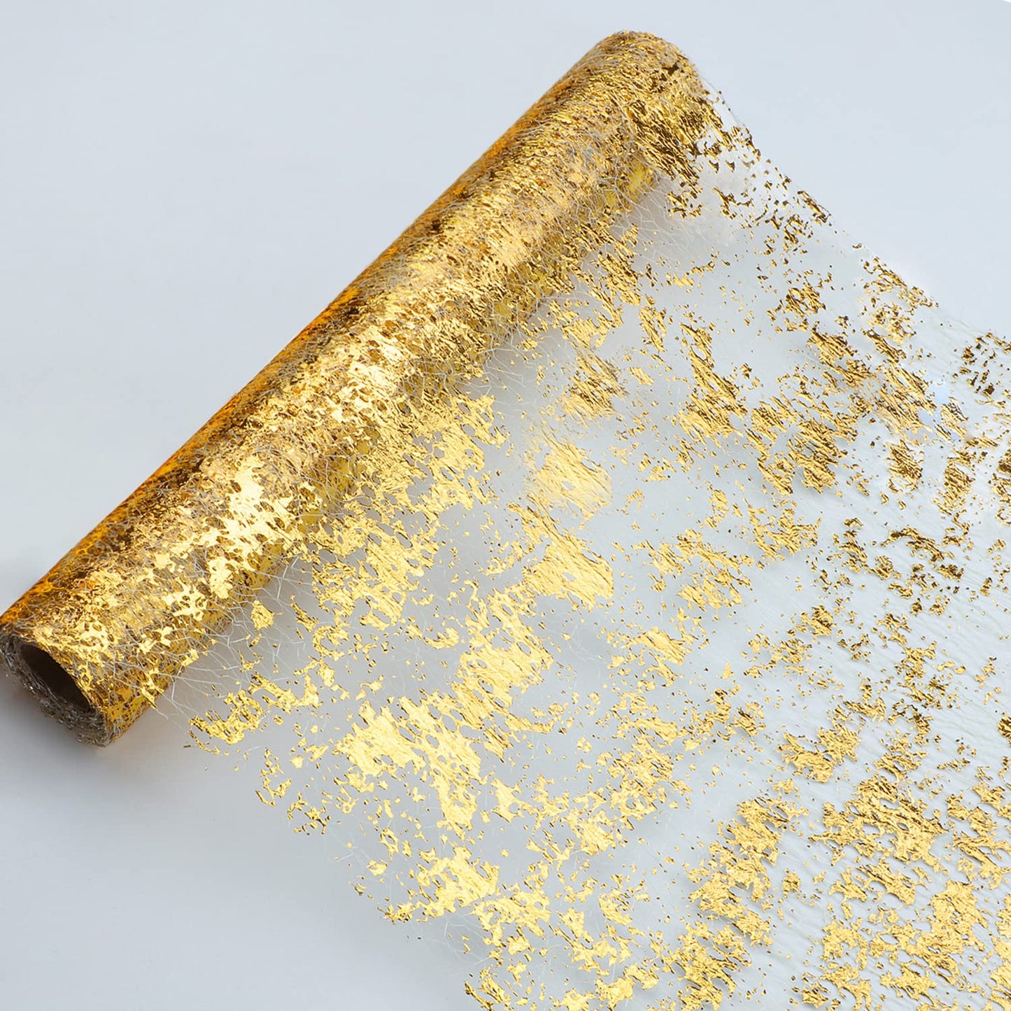 Snowkingdom Glitter Metallic Gold Table Runner 11 Inch x 100 Feet Thin Mesh Sparkle Runner Roll Table Decorations for Wedding Bridal Shower, Baby Shower, Christmas, Birthday Party （1PC）