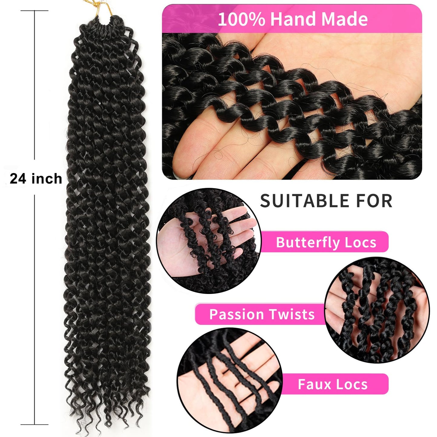Ubeleco Passion Twist Hair 24 Inch 154 Strands Water Wave Crochet Hair for Black Women 7 Packs Long Bohemian Curly Braiding Hair Spring Twist Crochet Braids Hair Extensions (24inch,1B)